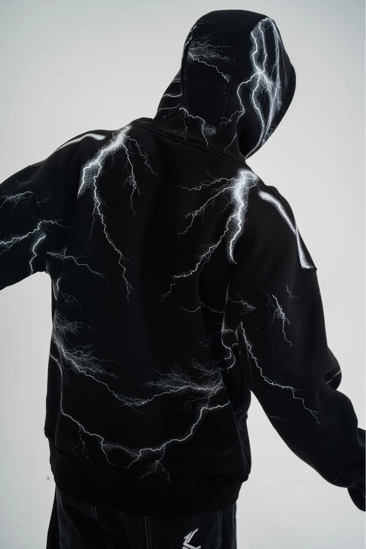 Double Oversize Kapşonlu Şimşek Pano Baskılı SweatShirt - Siyah