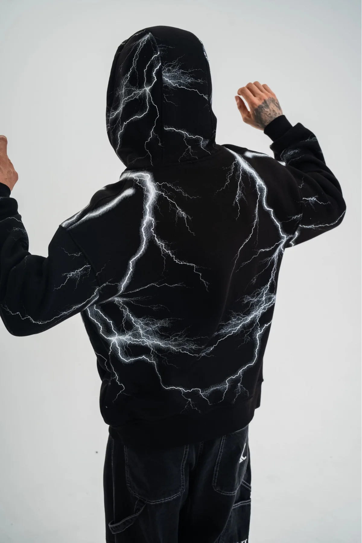 Double Oversize Kapşonlu Şimşek Pano Baskılı SweatShirt - Siyah