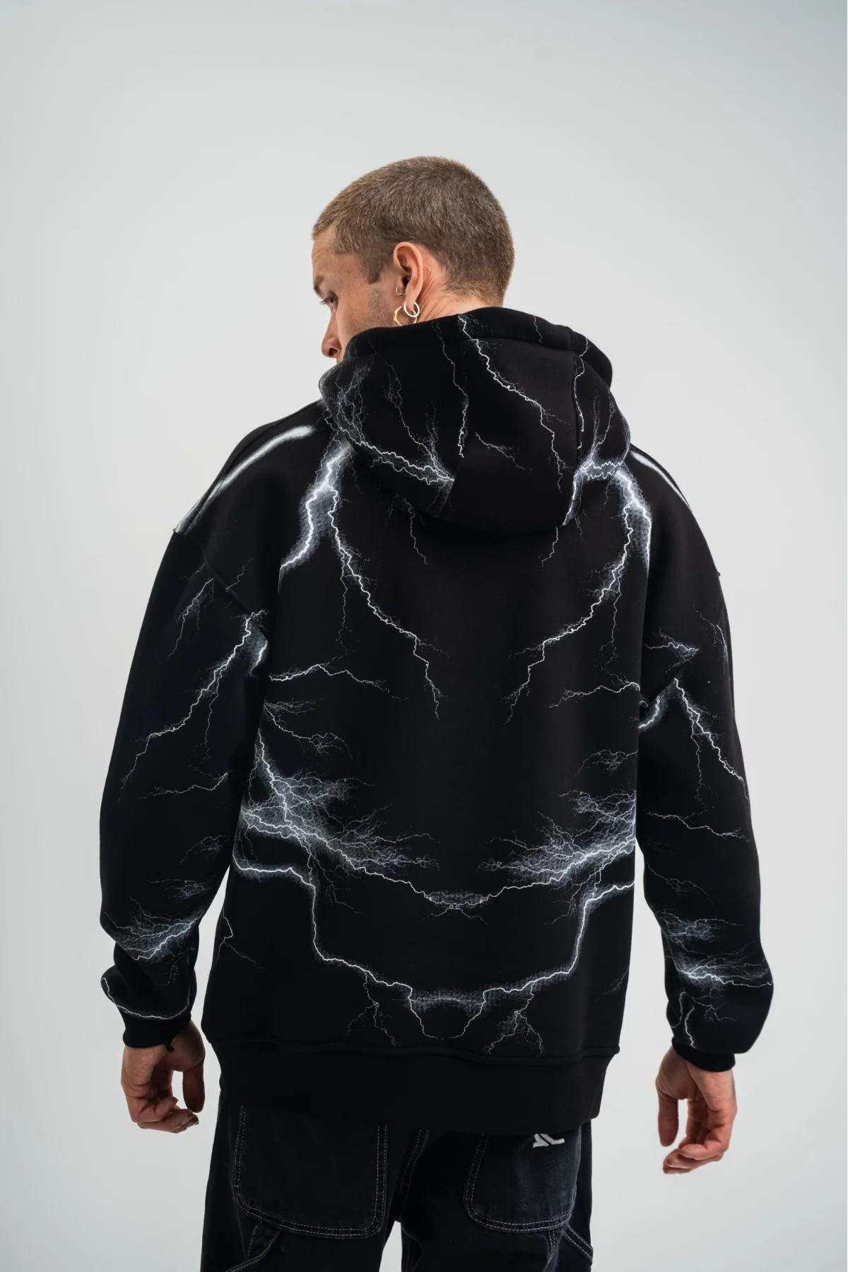 Double Oversize Kapşonlu Şimşek Pano Baskılı SweatShirt - Siyah