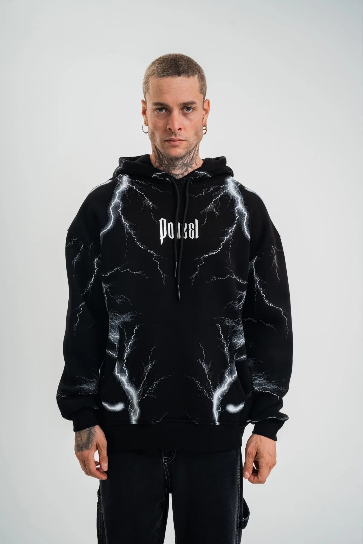 Double Oversize Kapşonlu Şimşek Pano Baskılı SweatShirt - Siyah