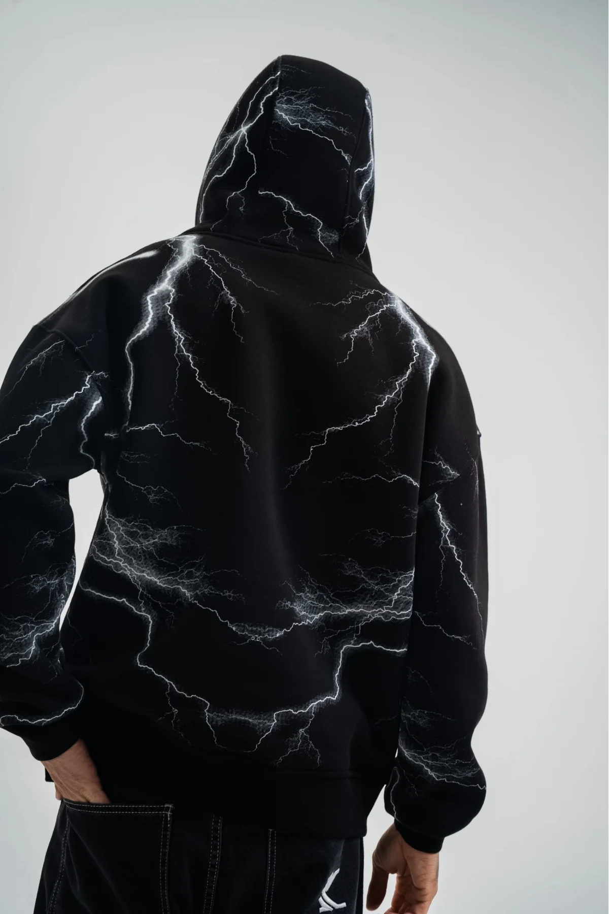 Double Oversize Kapşonlu Şimşek Pano Baskılı SweatShirt - Siyah