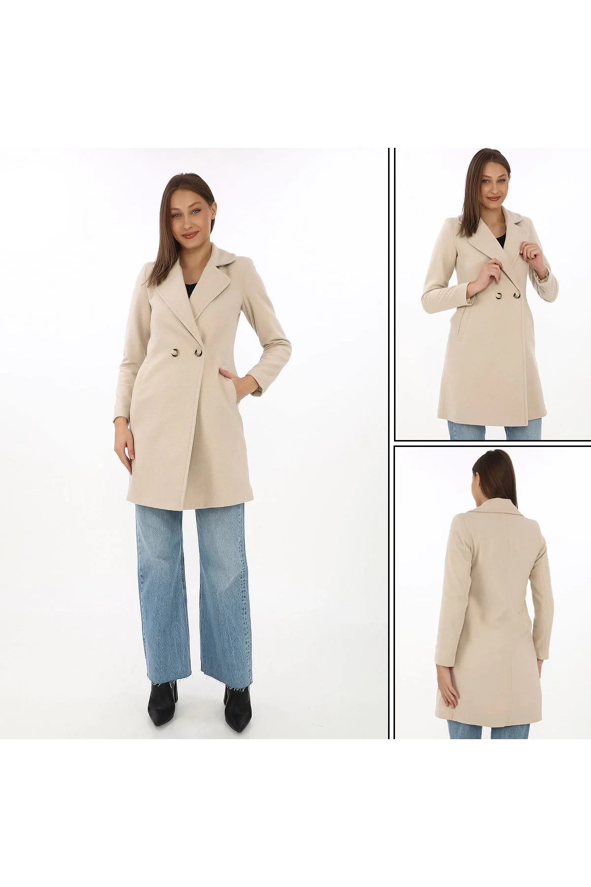 Kadın Kaşe Kaban – Siyah Yünlü Dokuma, Kruvaze Yaka, Astarlı, Cepli, Kuşaklı Uzun Boy Tesettür Uyumlu Kışlık Şık Kaban - Bej