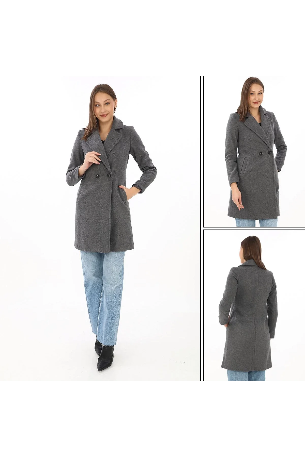 Kadın Kaşe Kaban – Siyah Yünlü Dokuma, Kruvaze Yaka, Astarlı, Cepli, Kuşaklı Uzun Boy Tesettür Uyumlu Kışlık Şık Kaban - Füme