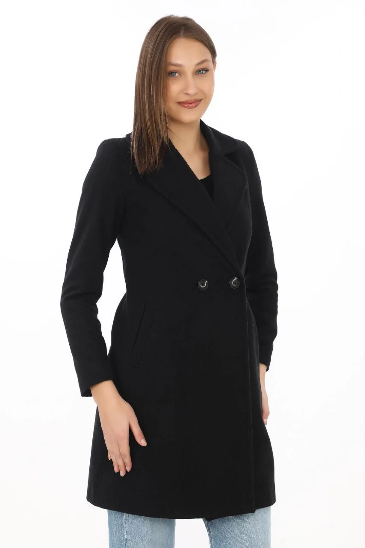 Kadın Kaşe Kaban – Siyah Yünlü Dokuma, Kruvaze Yaka, Astarlı, Cepli, Kuşaklı Uzun Boy Tesettür Uyumlu Kışlık Şık Kaban - Siyah