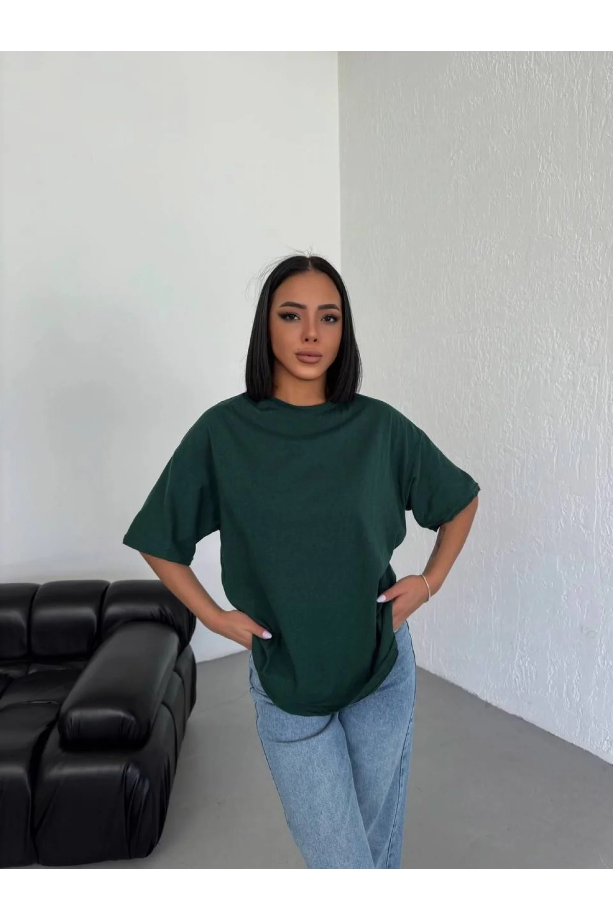 Kadın Düz T-Shirt Kısa Kol Bisiklet Yaka  Ovarsize Rahat Kalıp Günlük Tişört  - Haki