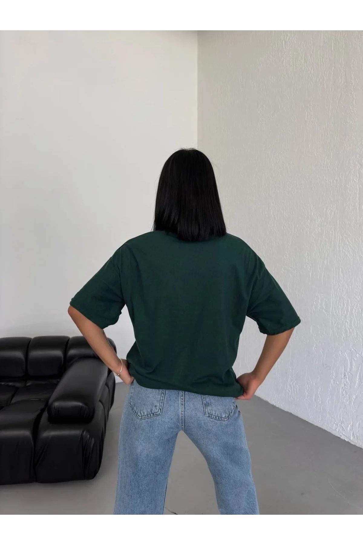 Kadın Düz T-Shirt Kısa Kol Bisiklet Yaka  Ovarsize Rahat Kalıp Günlük Tişört  - Haki