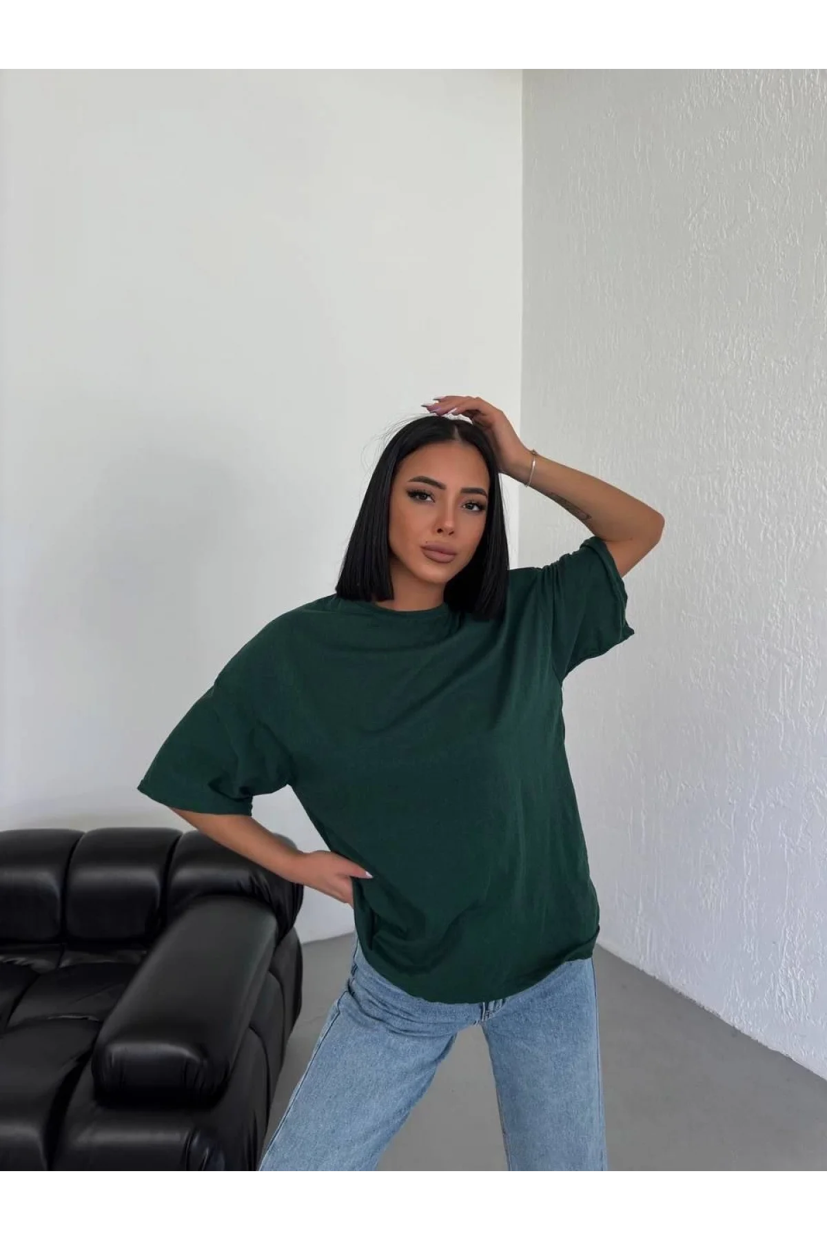 Kadın Düz T-Shirt Kısa Kol Bisiklet Yaka  Ovarsize Rahat Kalıp Günlük Tişört  - Haki