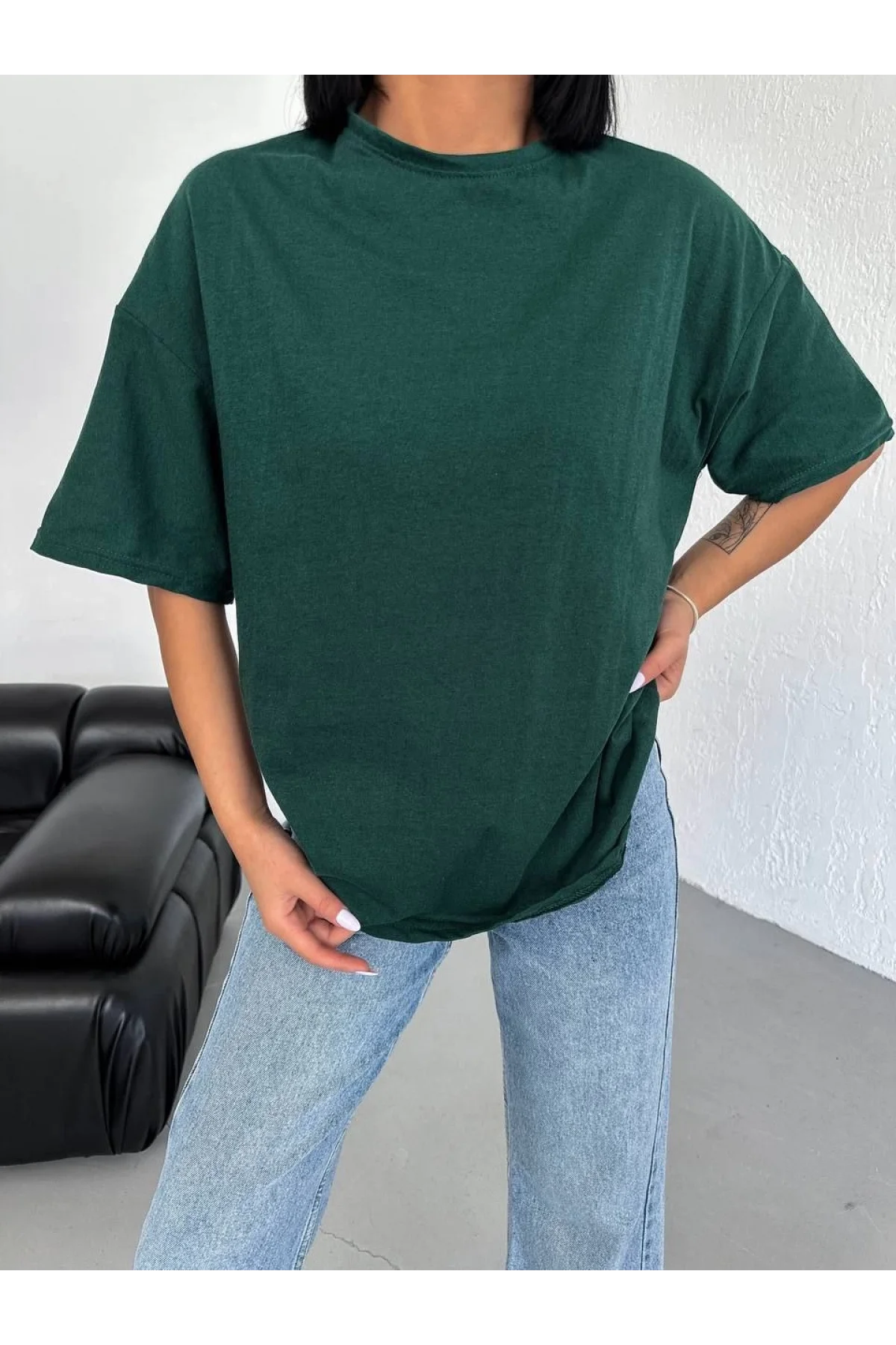 Kadın Düz T-Shirt Kısa Kol Bisiklet Yaka  Ovarsize Rahat Kalıp Günlük Tişört  - Haki