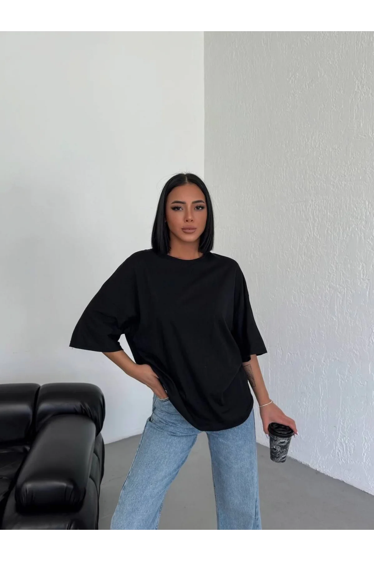 Kadın Düz T-Shirt Kısa Kol Bisiklet Yaka Ovarsize Rahat Kalıp Günlük Tişört - Siyah