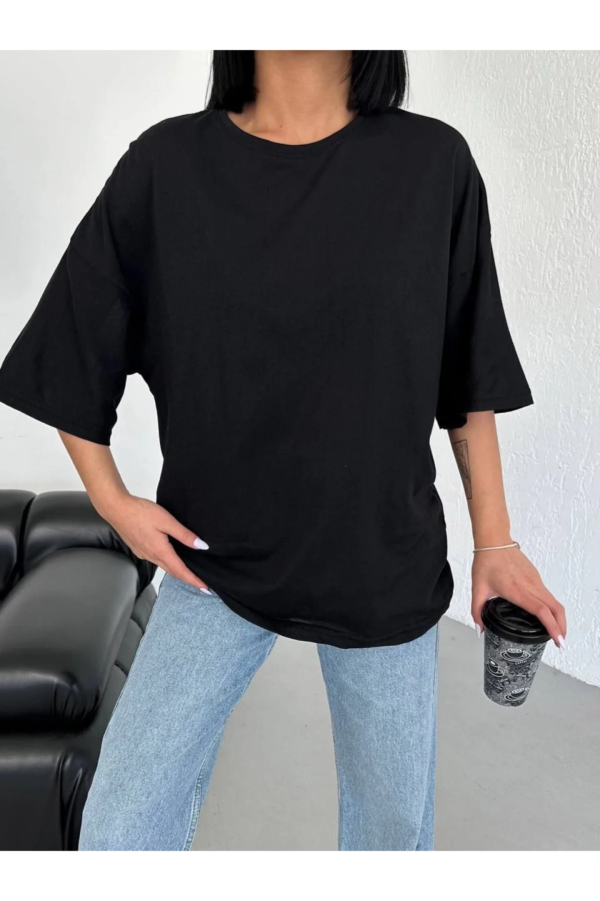 Kadın Düz T-Shirt Kısa Kol Bisiklet Yaka Ovarsize Rahat Kalıp Günlük Tişört - Siyah