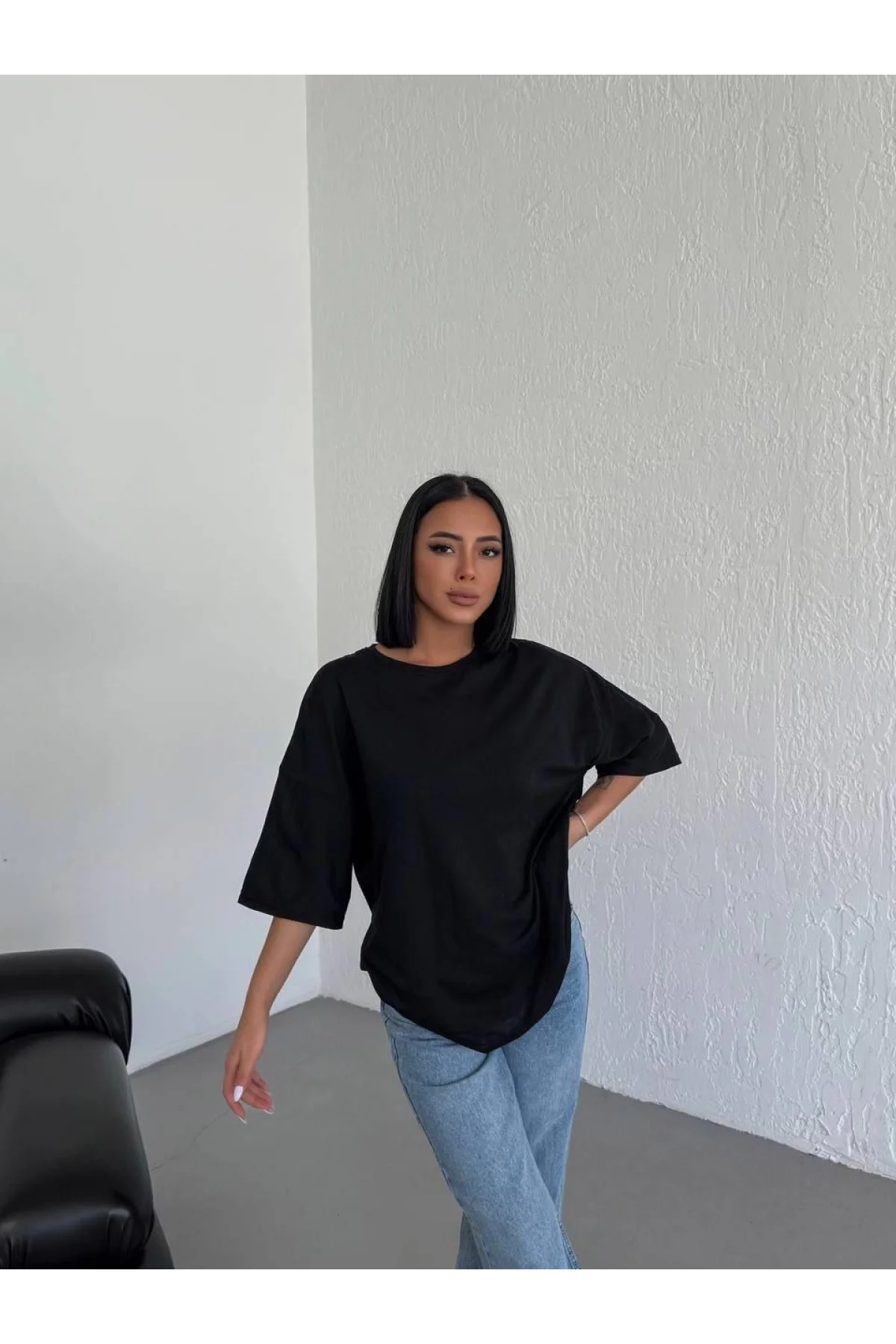 Kadın Düz T-Shirt Kısa Kol Bisiklet Yaka Ovarsize Rahat Kalıp Günlük Tişört - Siyah