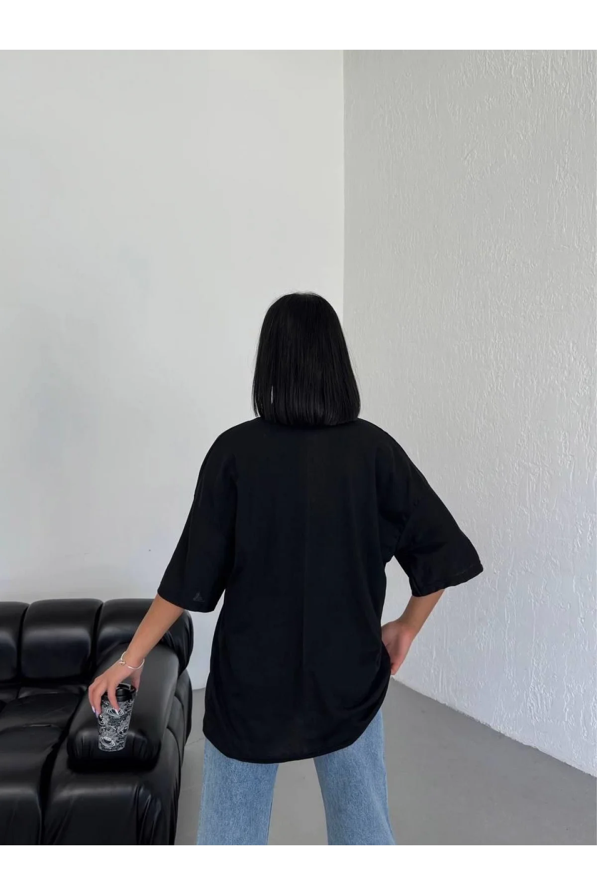 Kadın Düz T-Shirt Kısa Kol Bisiklet Yaka Ovarsize Rahat Kalıp Günlük Tişört - Siyah