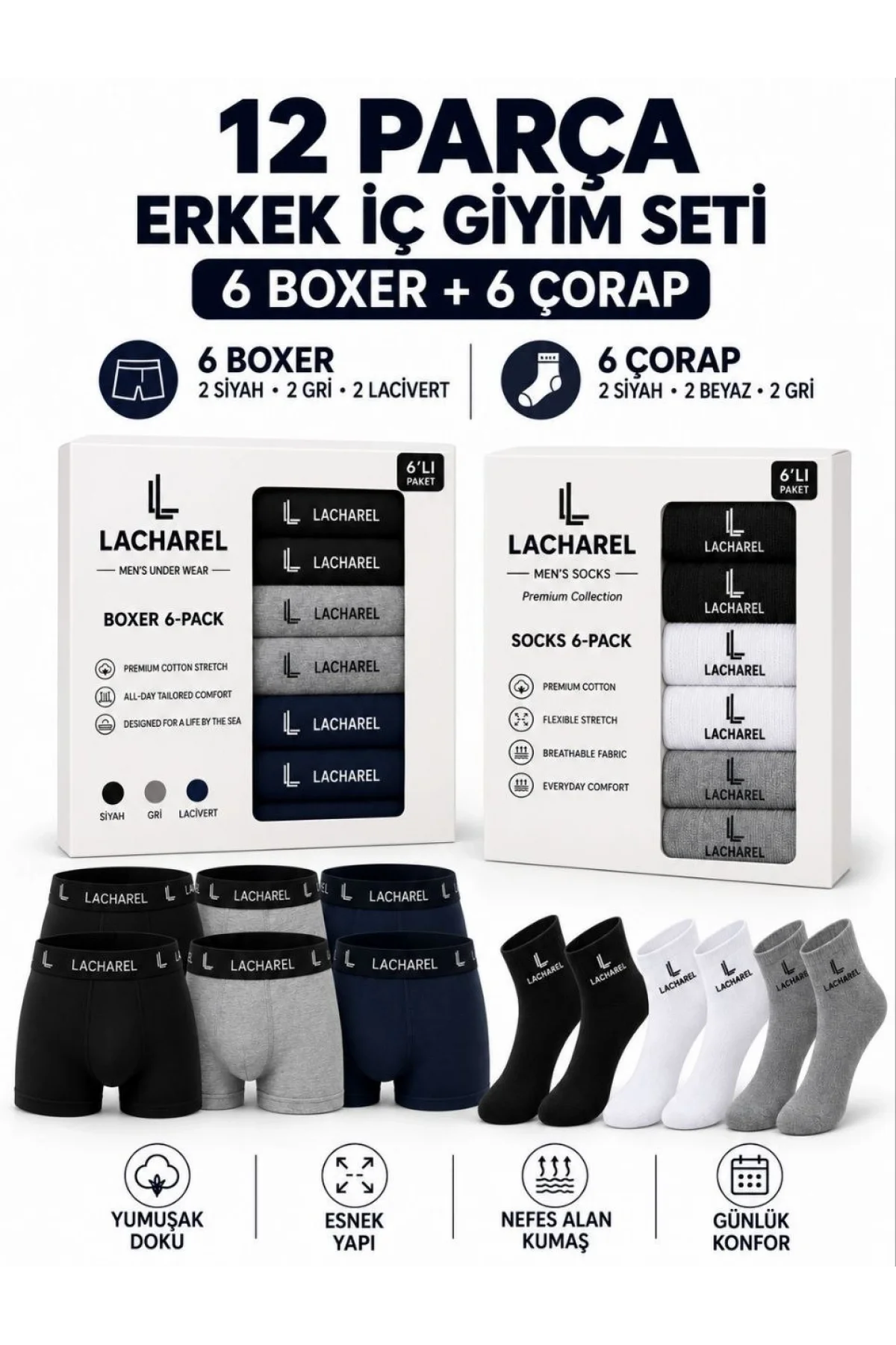 Erkek 12li İç Giyim Seti Pamuklu 6 Boxer 6 Çorap Çoklu Paket - Siyah - Lacivert - Gri - Beyaz