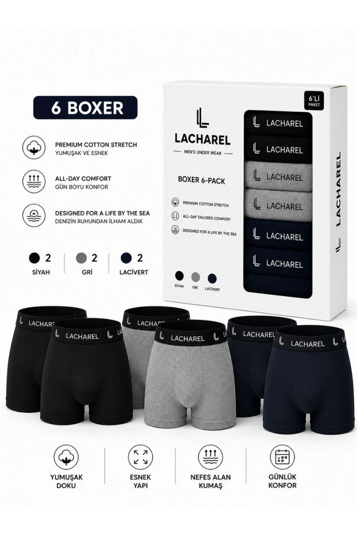 Erkek 12li İç Giyim Seti Pamuklu 6 Boxer 6 Çorap Çoklu Paket - Siyah - Lacivert - Gri - Beyaz