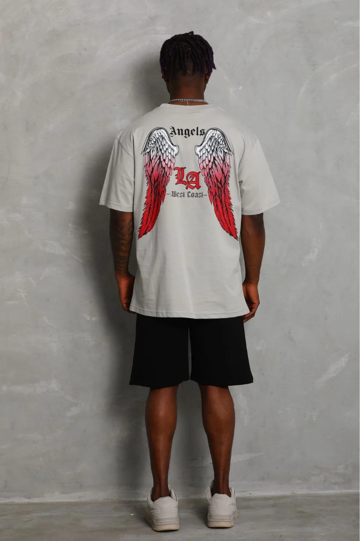 Unisex Oversize Baskılı Bisiklet Yaka T-Shirt - Gri