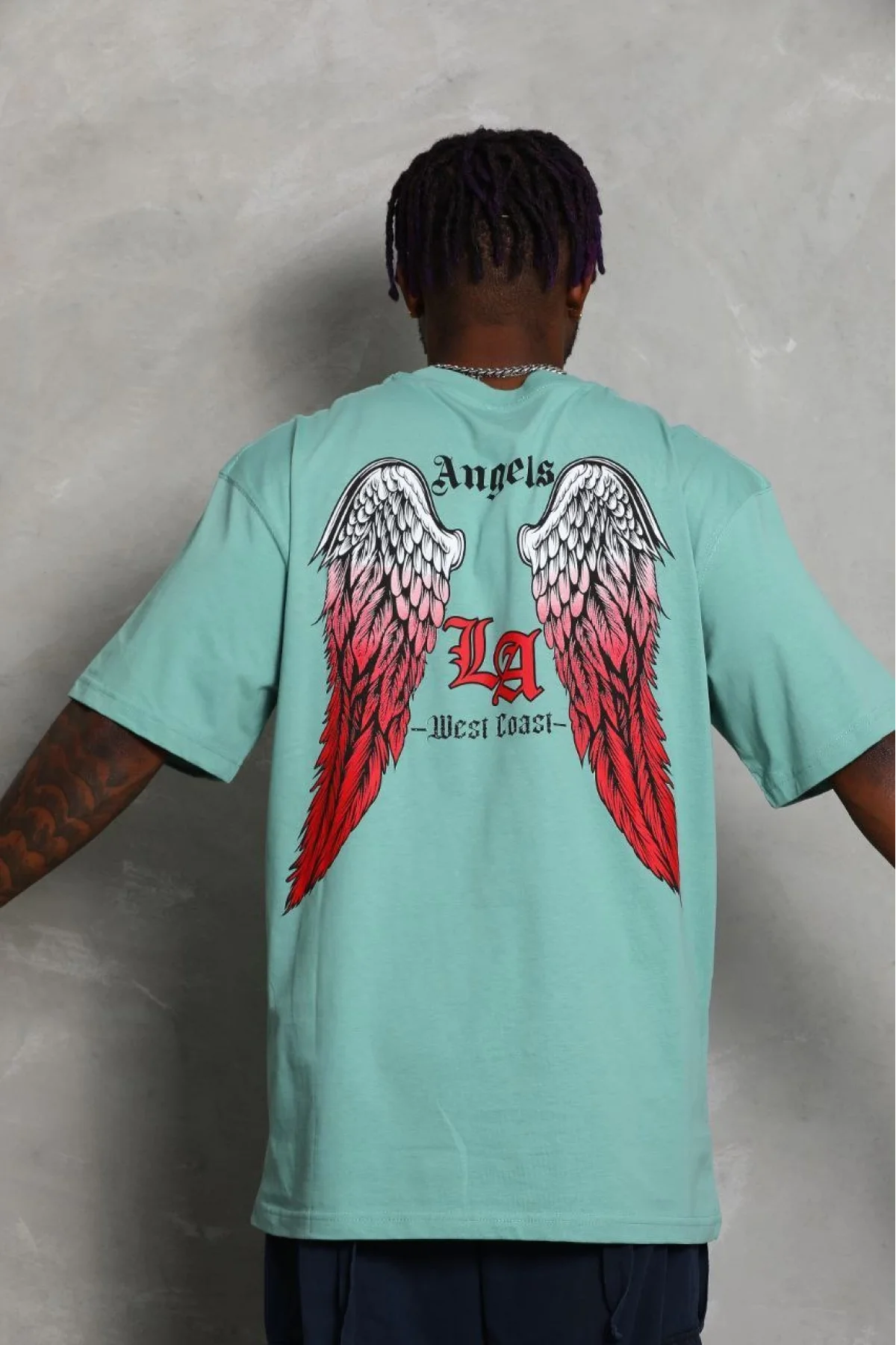 Erkek Kısa Kol Tişört Bisiklet Yaka KANAT Baskılı Oversize T-Shirt - Mint Yeşili