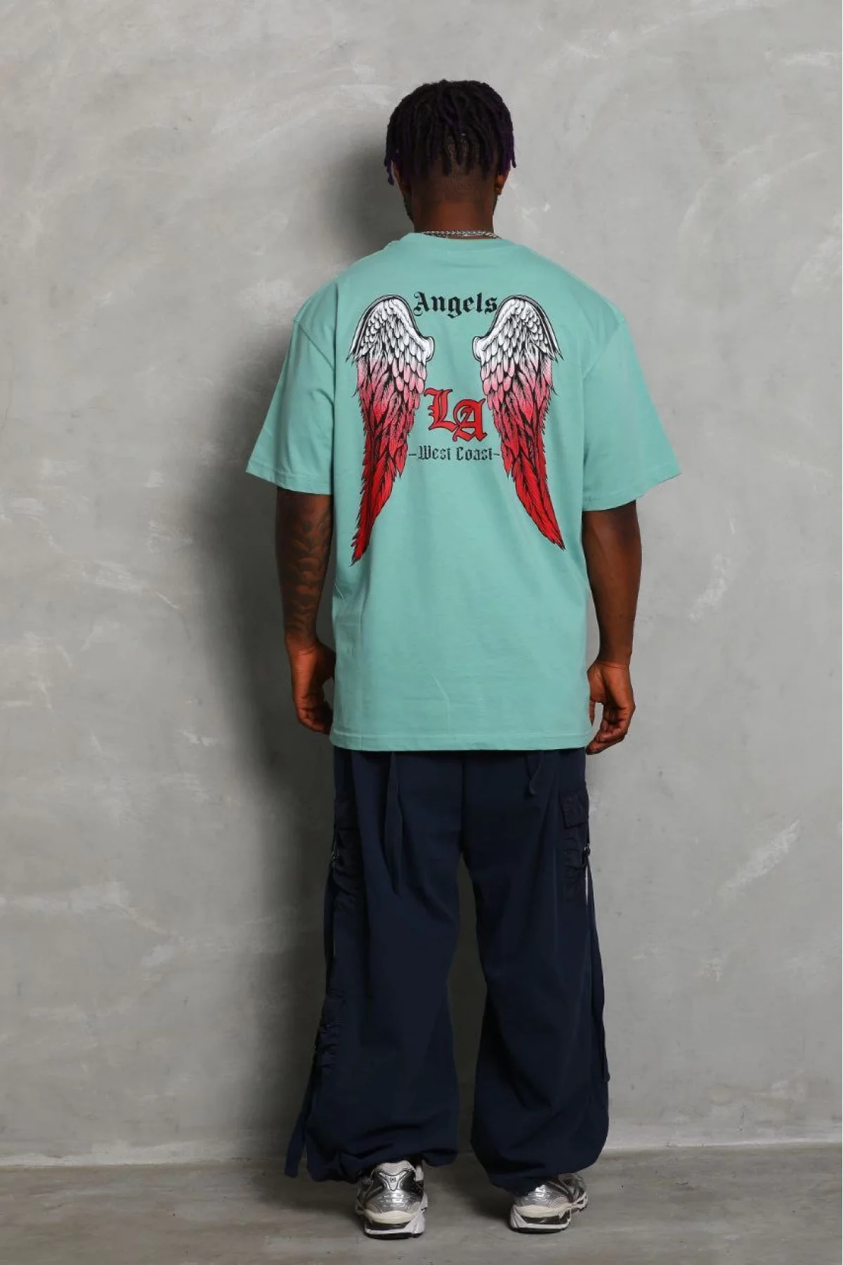 Erkek Kısa Kol Tişört Bisiklet Yaka KANAT Baskılı Oversize T-Shirt - Mint Yeşili