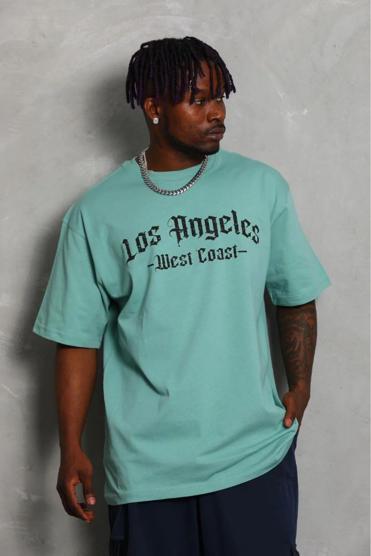 Erkek Kısa Kol Tişört Bisiklet Yaka KANAT Baskılı Oversize T-Shirt - Mint Yeşili