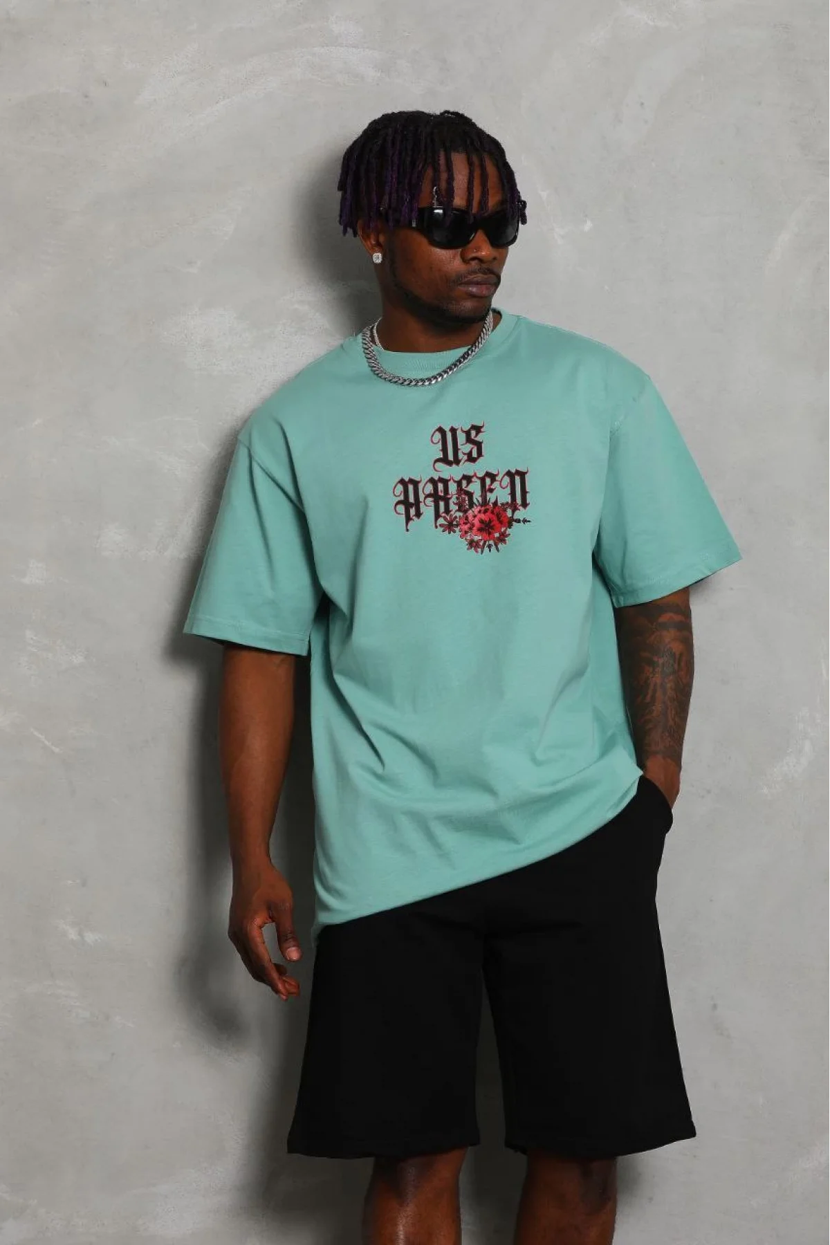 Erkek Baskılı Tişört Kısa Kol Bisiklet Yaka Oversize T-Shirt - Mint Yeşili