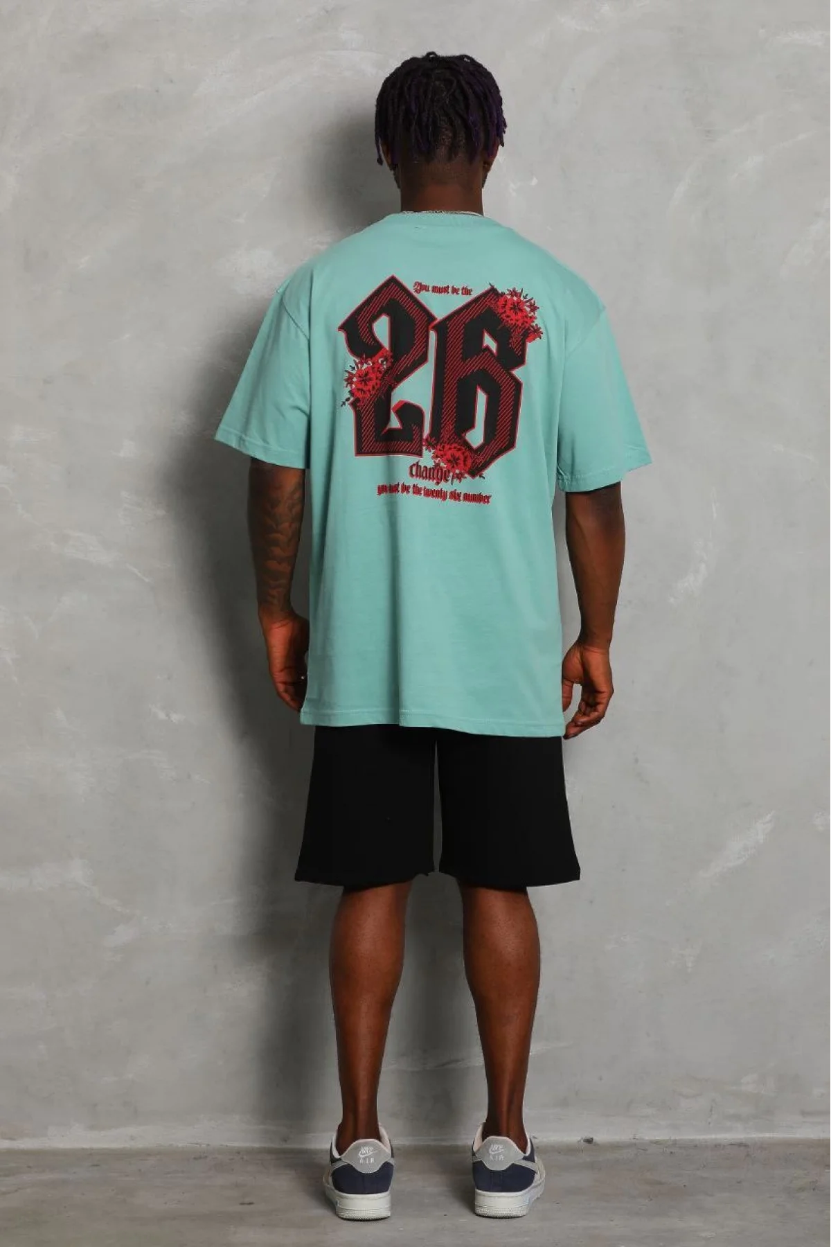 Erkek Baskılı Tişört Kısa Kol Bisiklet Yaka Oversize T-Shirt - Mint Yeşili