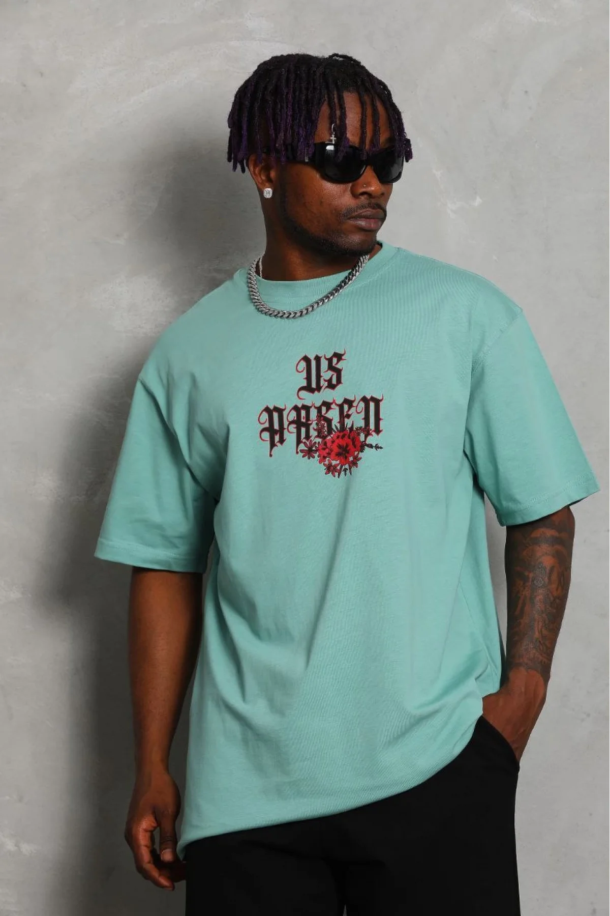 Erkek Baskılı Tişört Kısa Kol Bisiklet Yaka Oversize T-Shirt - Mint Yeşili