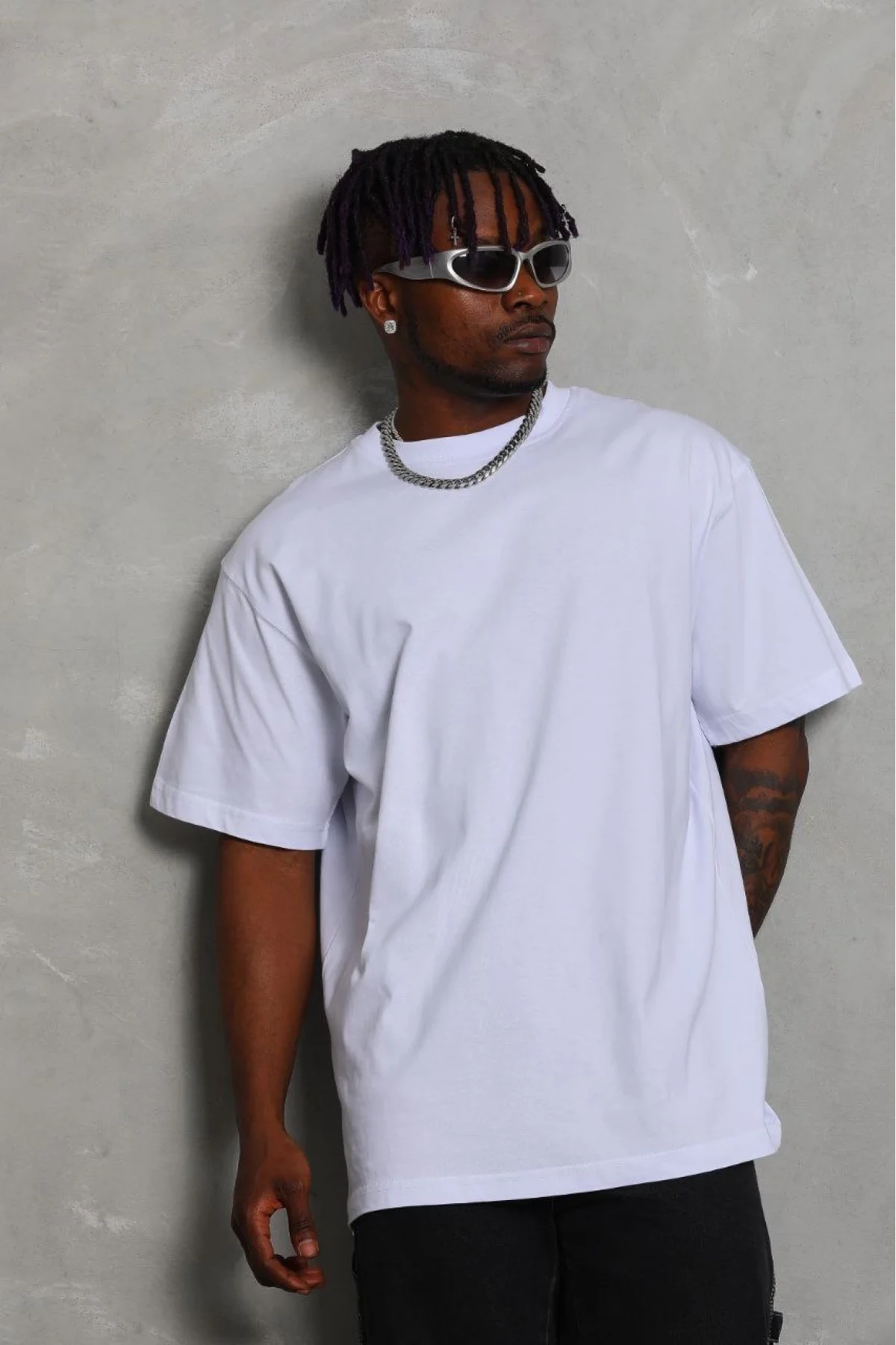 Unisex Oversize Düz Bisiklet Yaka T-Shirt - Beyaz