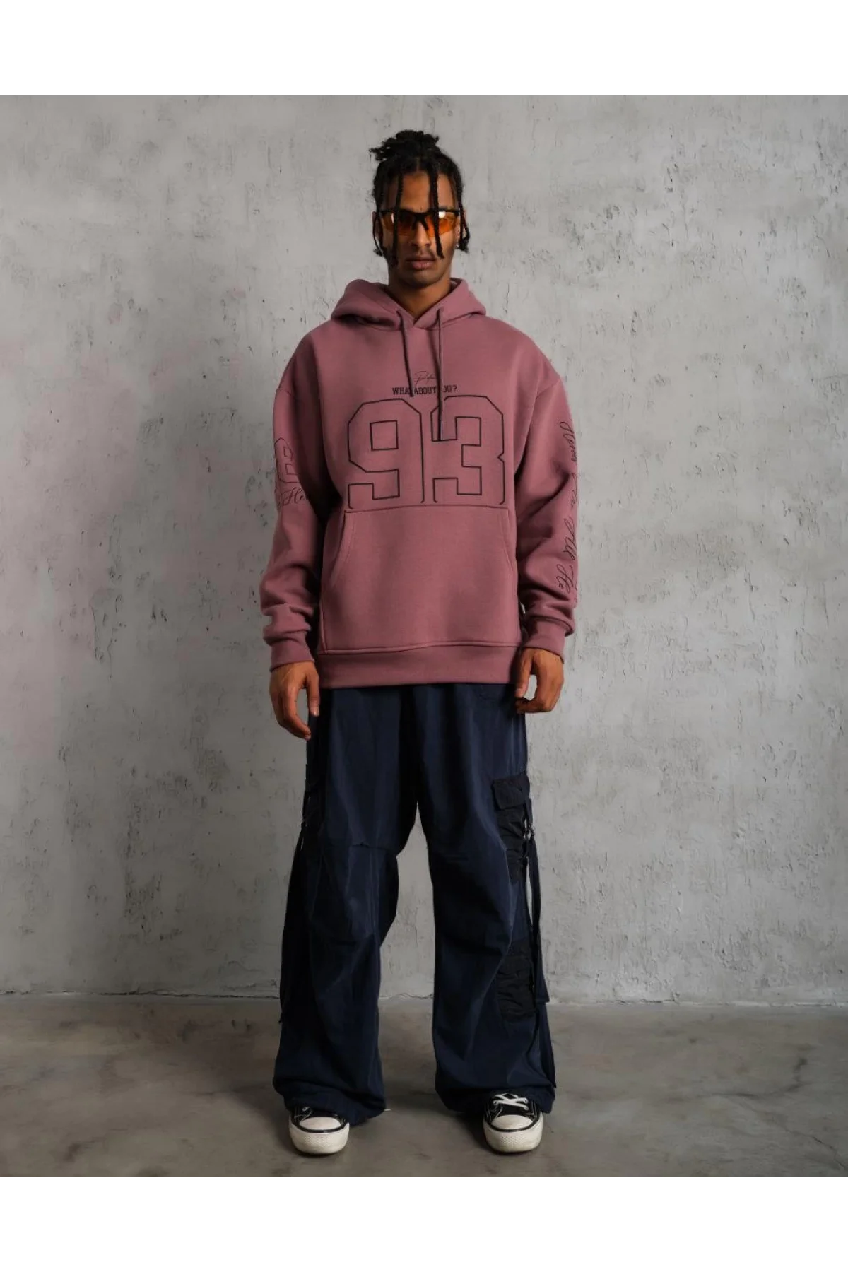 Erkek 93 Dijital Parça Baskılı Kapşonlu Sweat - Gül Kurusu