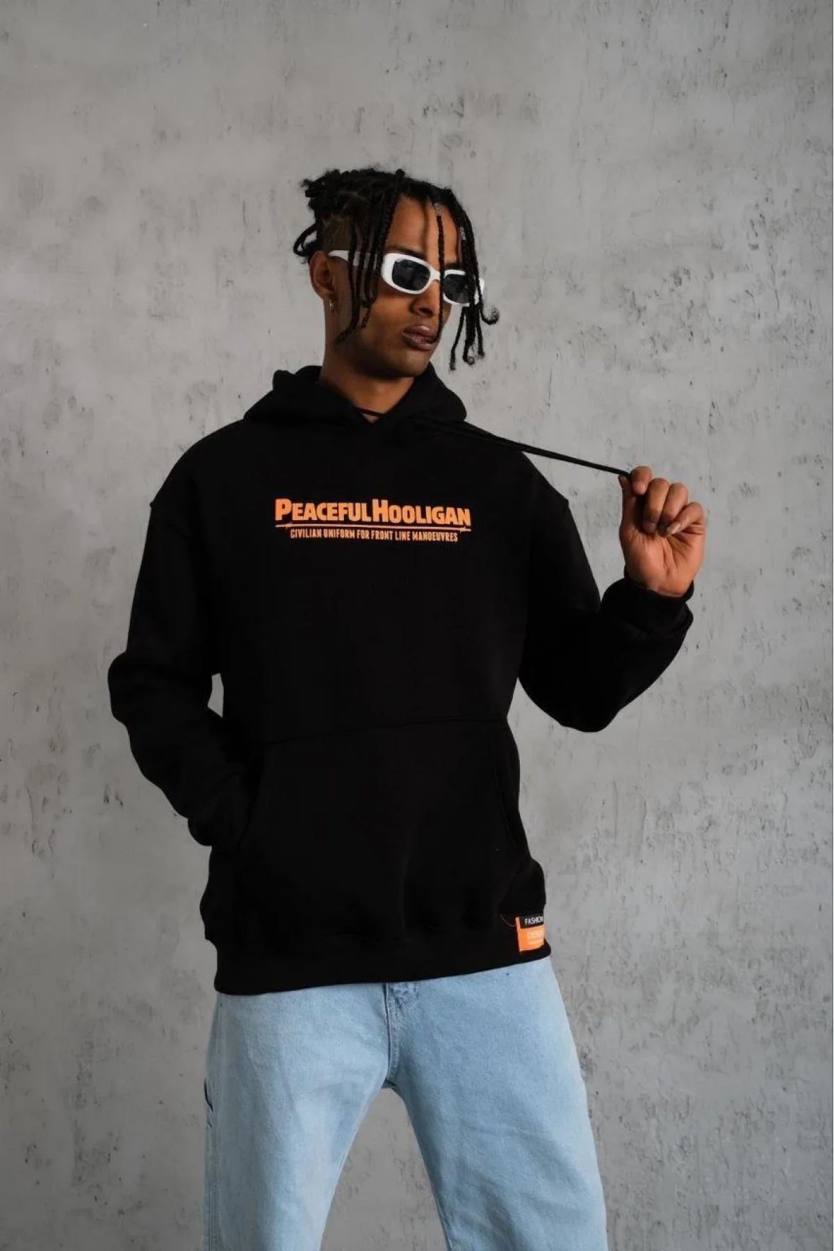 Erkek Armalı Baskılı Kapüşonlu Sweatshirt - Siyah