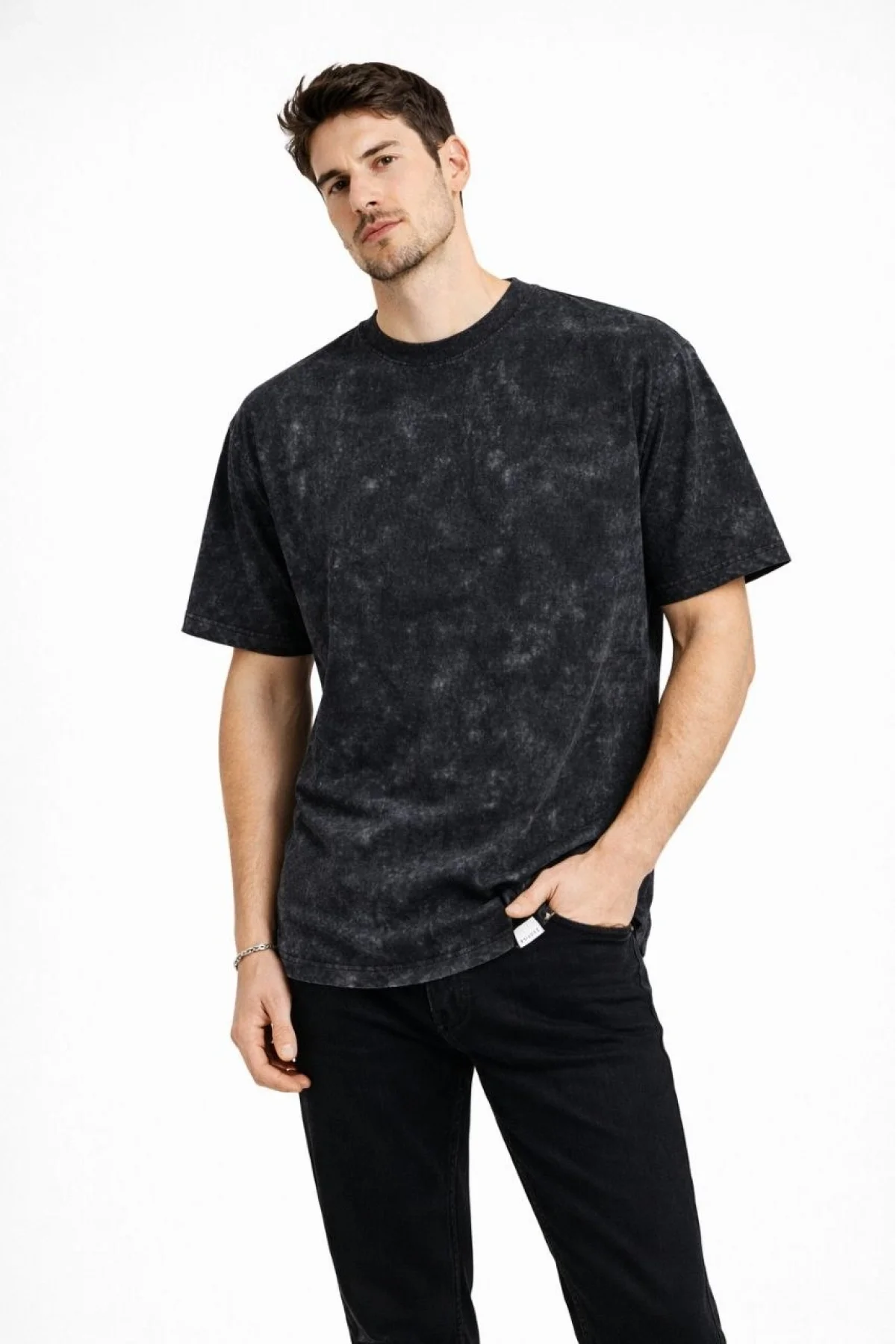 Erkek Asit Yıkama Bisiklet Yaka Kısa Kollu Oversize T-Shirt Tişört - Siyah