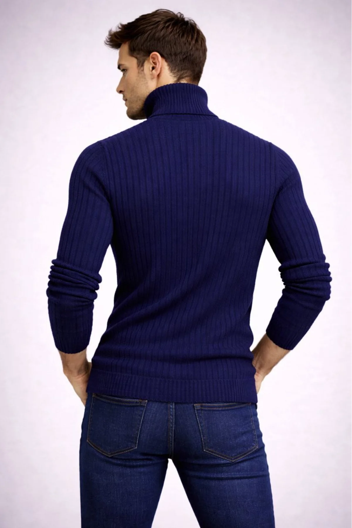 Erkek Balıkcı Yaka Bağazlı Triko Kazak Pamuklu Kalın Fitilli Dokuma, Regular Fit Uzun Kollu Kışlık Model - Lacivert