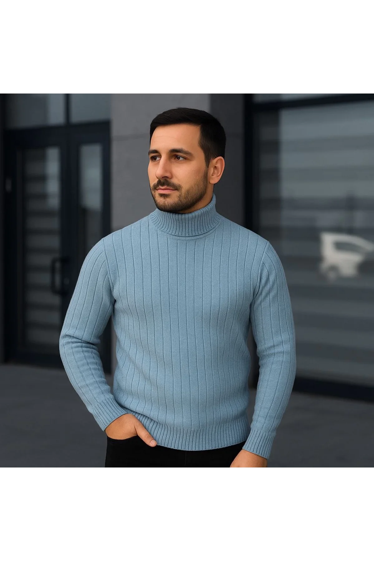 Erkek Balıkcı Yaka Bağazlı Triko Kazak Pamuklu Kalın Fitilli Dokuma, Regular Fit Uzun Kollu Kışlık Model - Bebe Mavisi