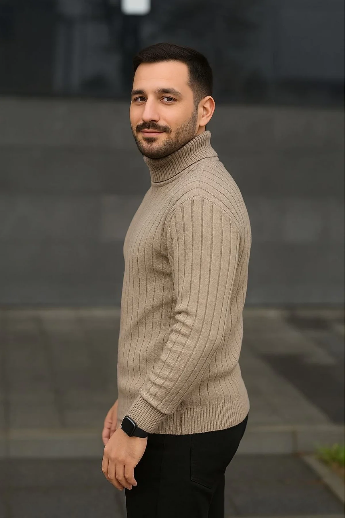 Erkek Balıkcı Yaka Bağazlı Triko Kazak Pamuklu Kalın Fitilli Dokuma, Regular Fit Uzun Kollu Kışlık Model - Bej