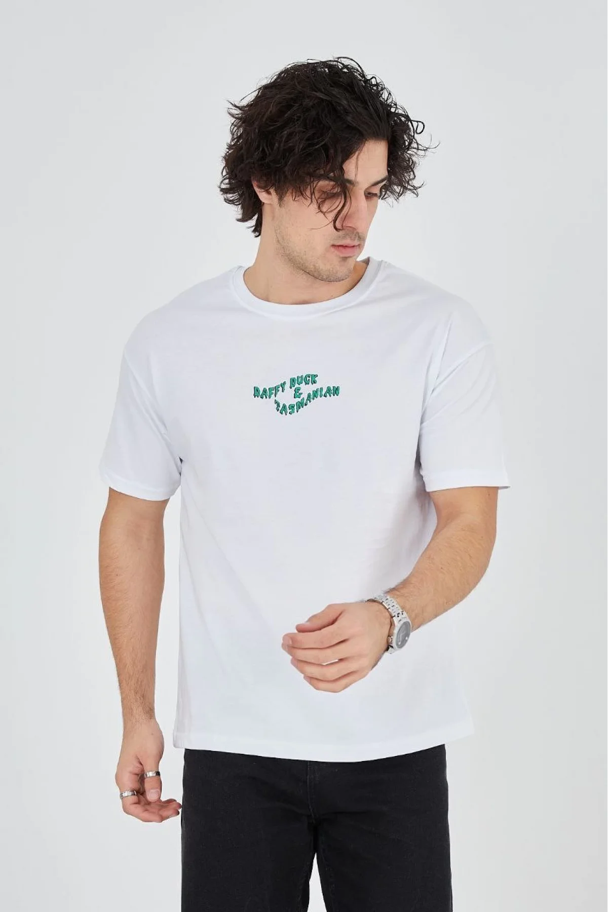 Erkek Baskılı T-Shirt Kısa Kol Bisiklet Yaka Regular Fit Rahat Kalıp Günlük Tişört - Beyaz