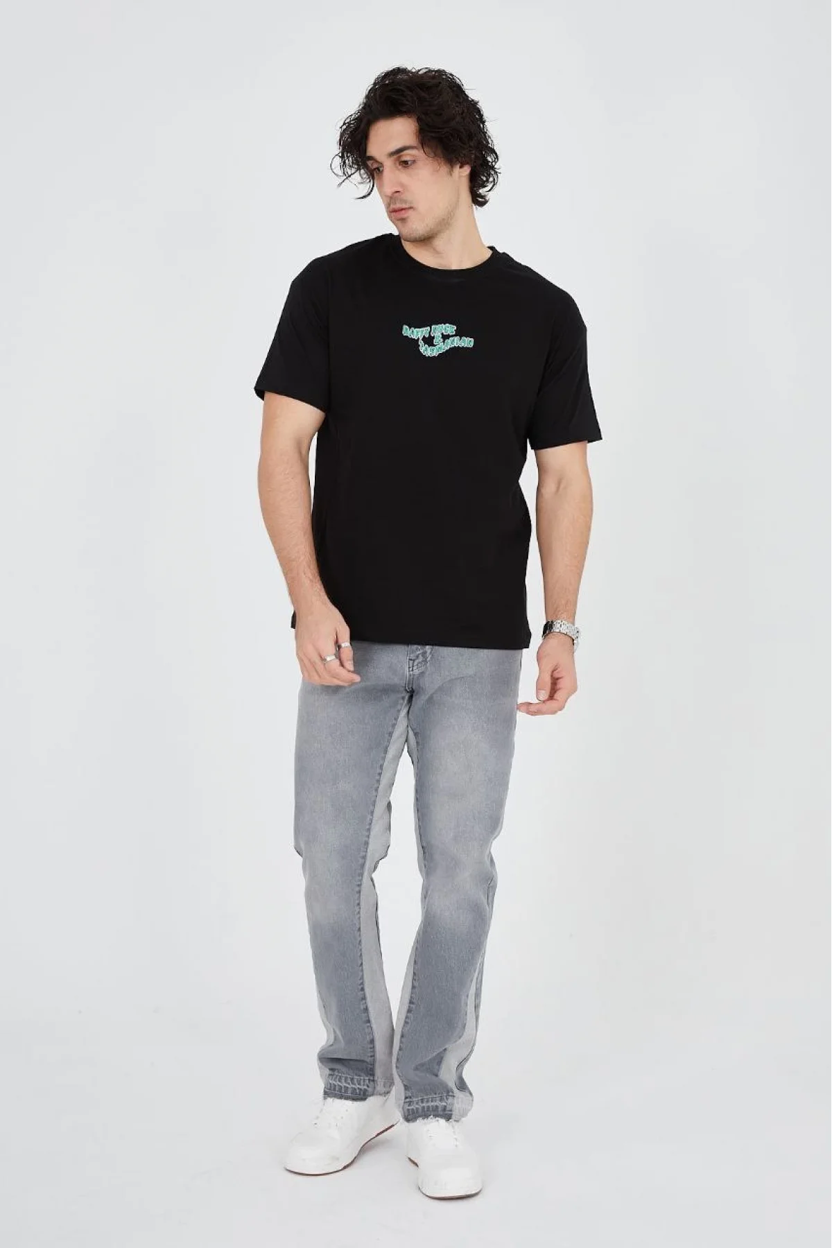 Erkek Baskılı 24/1 Penye T-Shirt - Siyah