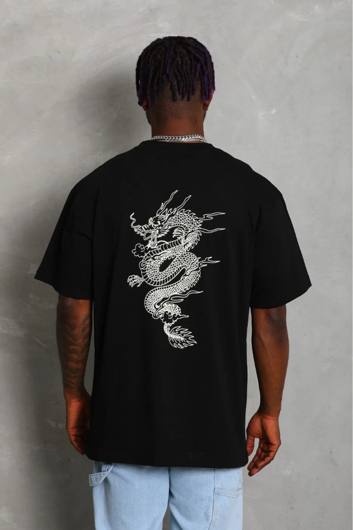 Unisex Oversize Baskılı Bisiklet Yaka T-Shirt - Siyah