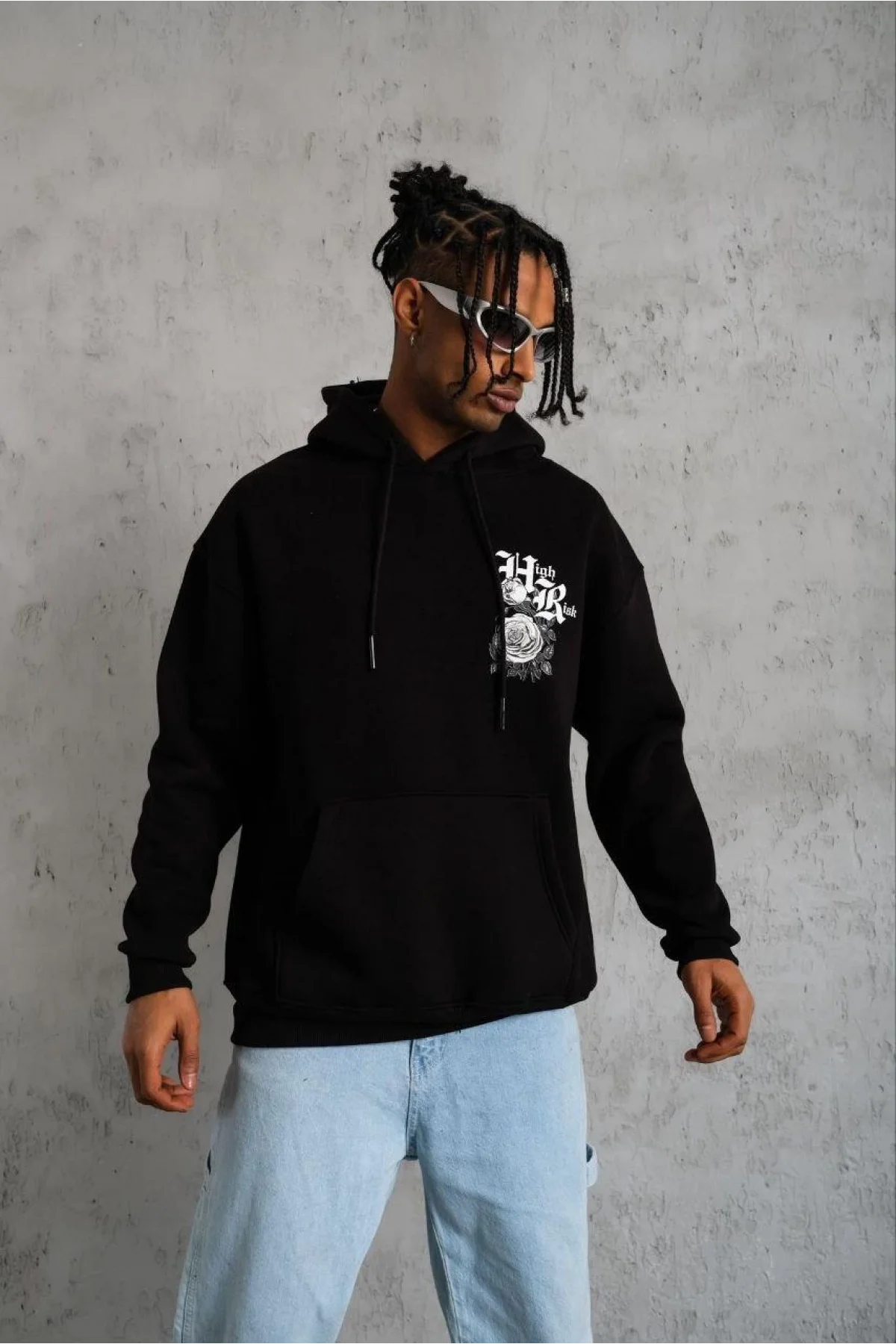 Erkek 3 İplik Pamuklu Kapüşonlu Baskılı Cepli Oversize Sweatshirt Hoodie - Siyah