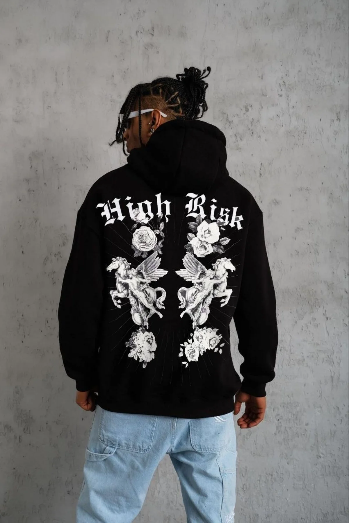 Erkek 3 İplik Pamuklu Kapüşonlu Baskılı Cepli Oversize Sweatshirt Hoodie - Siyah