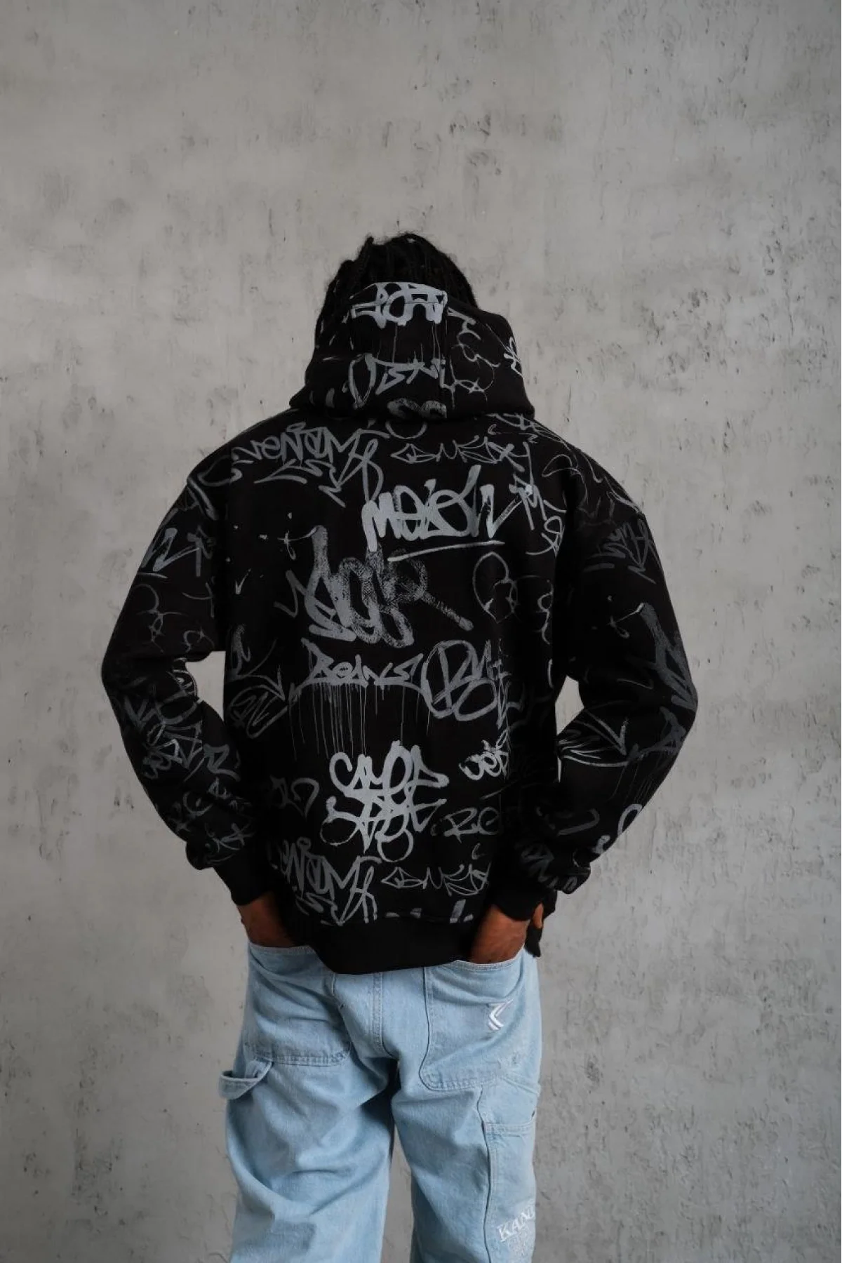 Erkek Baskılı Kapüşonlu Ribanalı Sweat - Siyah