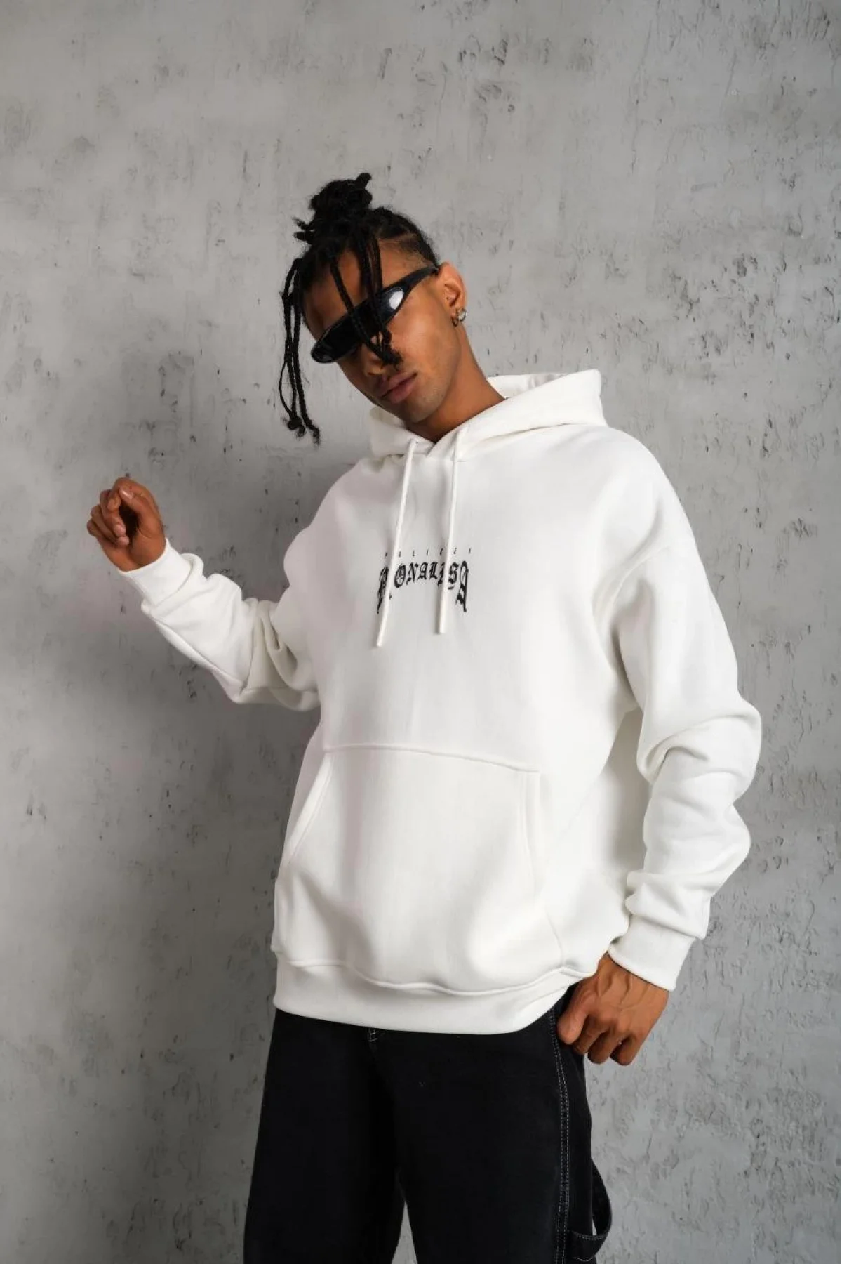 Erkek Baskılı Kapüşonlu ve Kanguru Cepli Sweatshirt hoodie - Beyaz