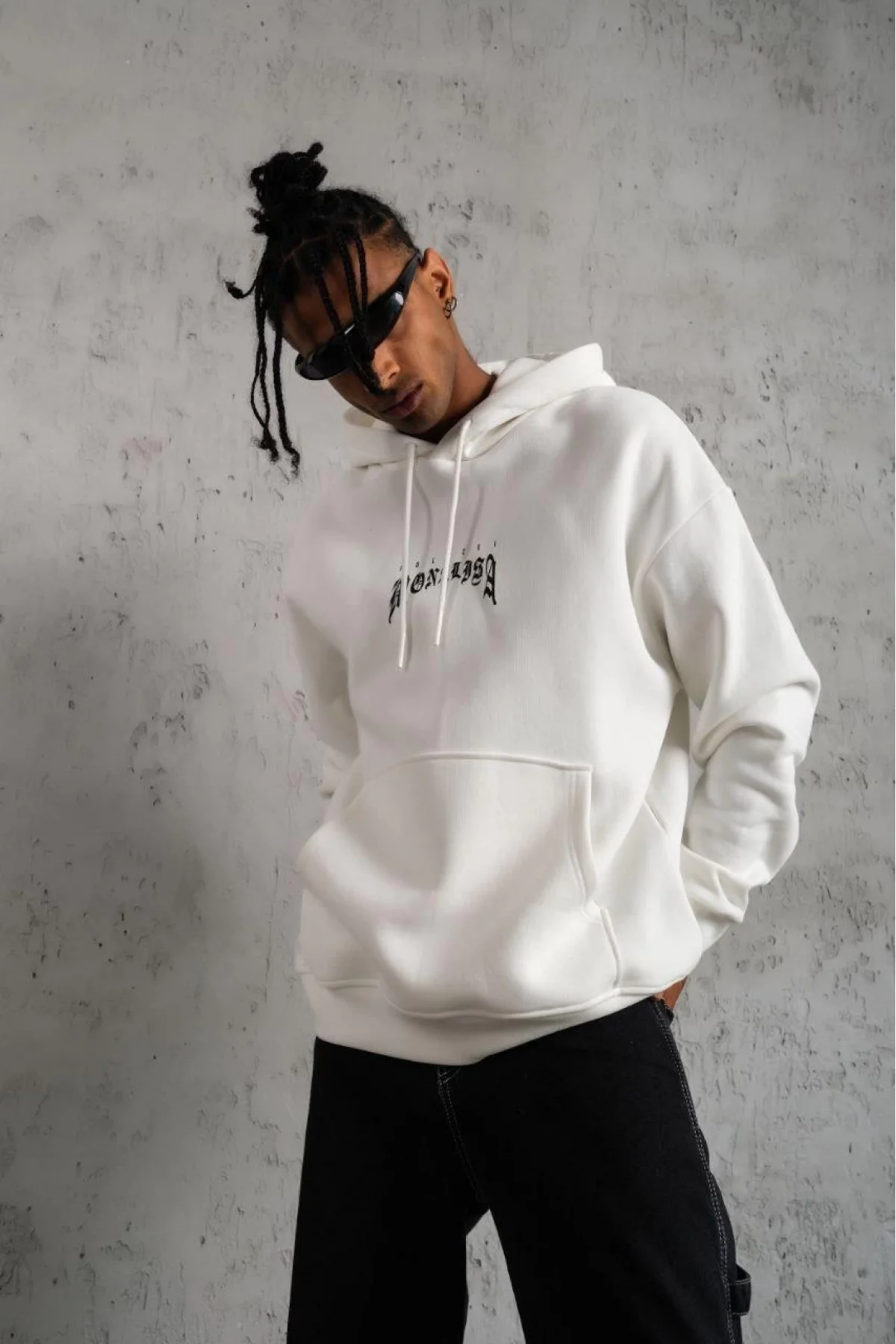 Erkek Baskılı Kapüşonlu ve Kanguru Cepli Sweatshirt hoodie - Beyaz