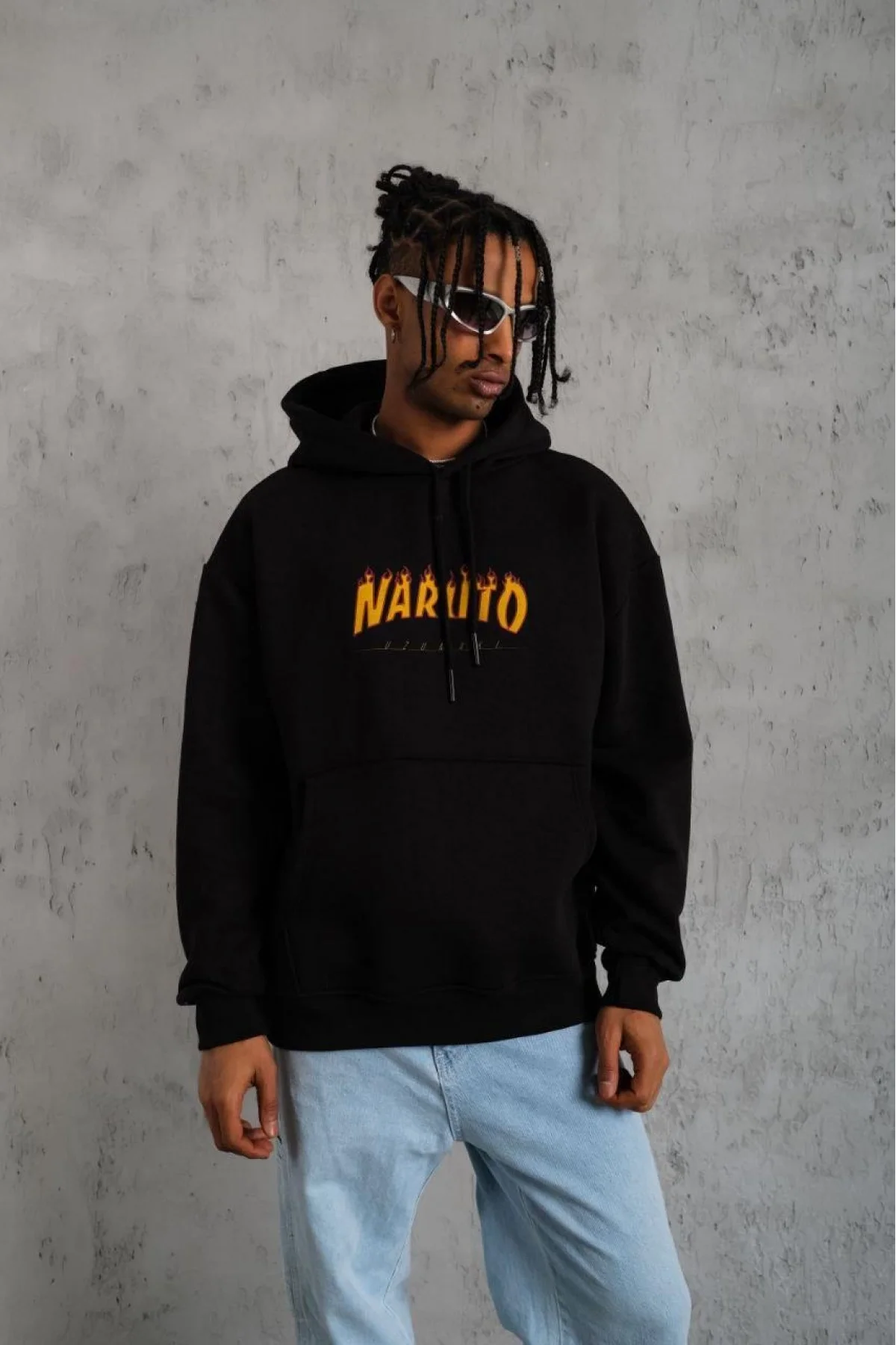 Erkek Baskılı Kapüşonlu 3 iplik pamuklu hoodie Sweatshirt - Siyah