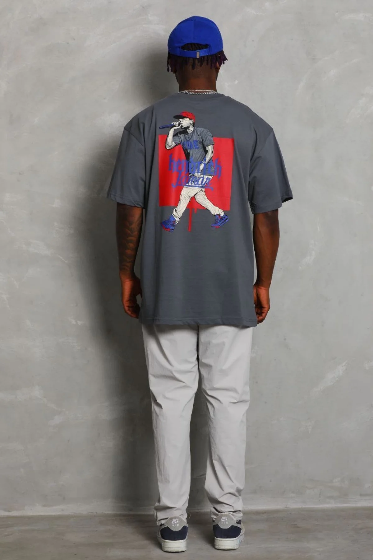 Unisex Oversize Baskılı Bisiklet Yaka T-Shirt - Füme