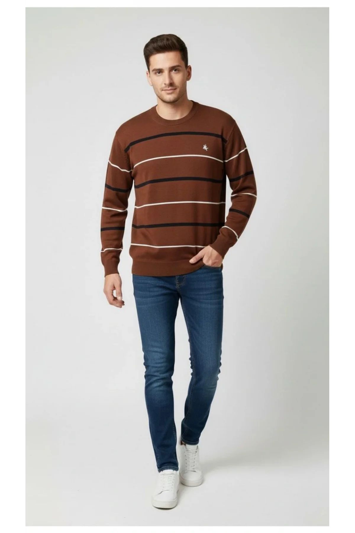 Erkek Bisiklet Yaka Cizgili Triko Kazak yumuşak dokulu Pamuklu ince Dokuma, uzun kollu Rahat Regular kalıp - Kahverengi