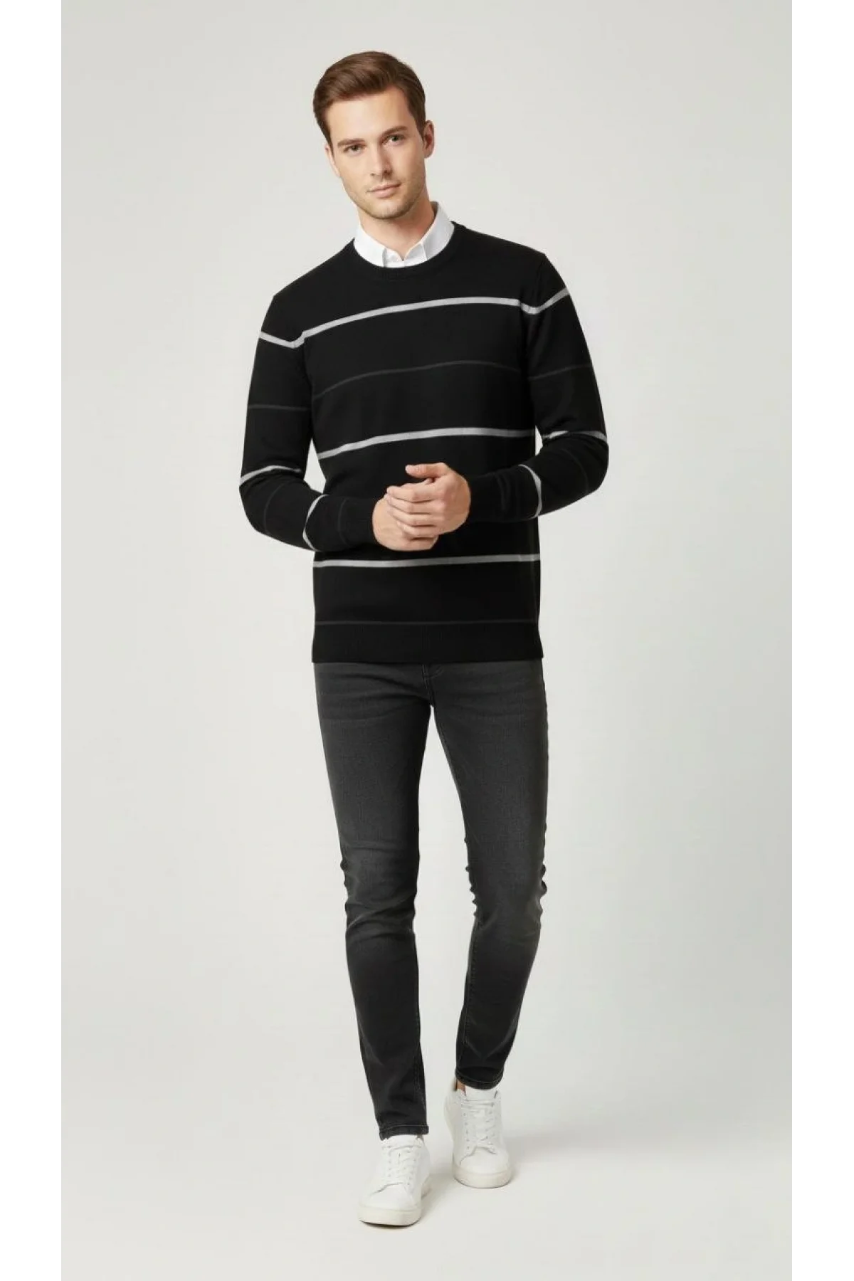 Erkek Bisiklet Yaka Cizgili Triko Kazak yumuşak dokulu Pamuklu ince Dokuma, uzun kollu Rahat Regular kalıp - Siyah