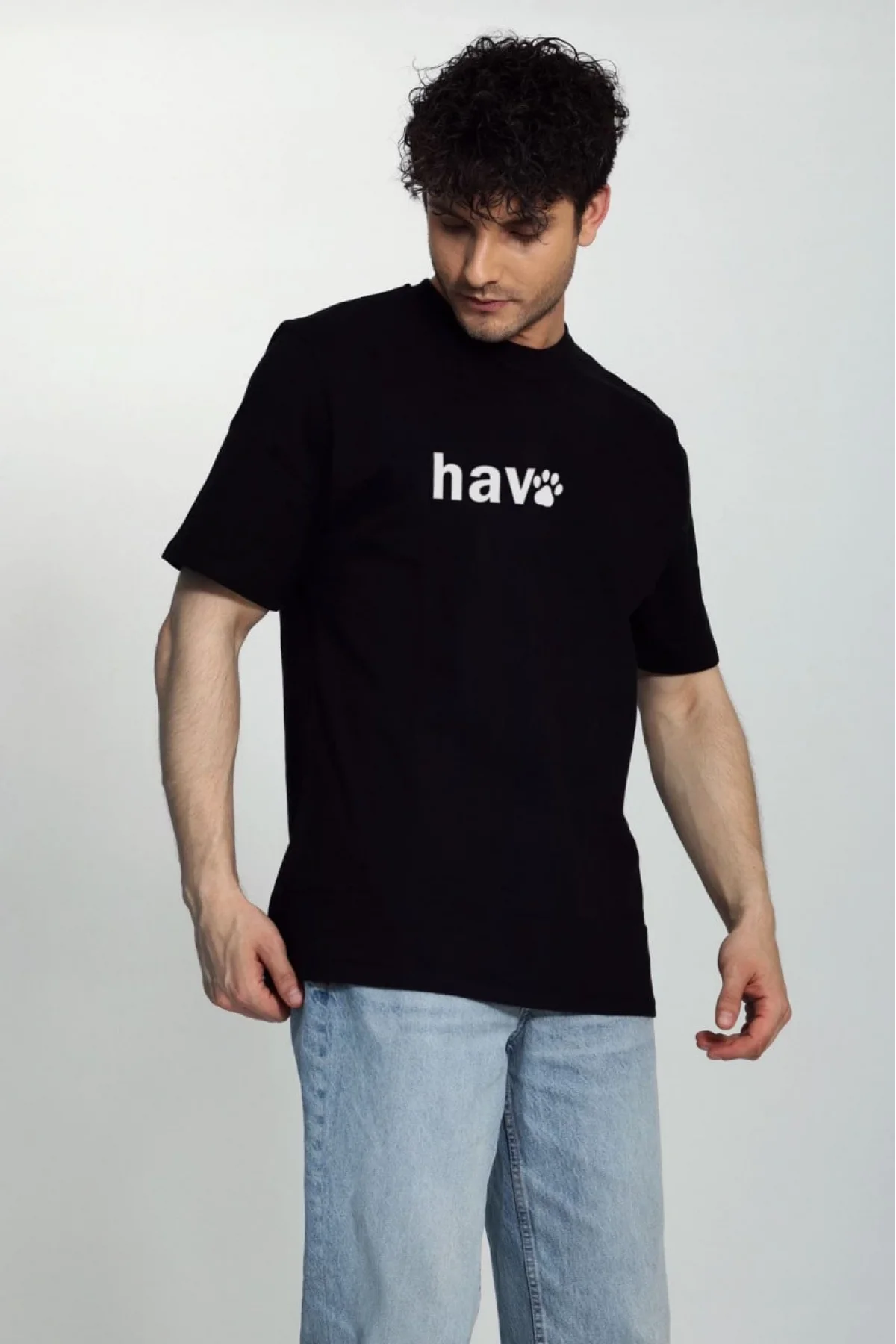 Erkek Bisiklet Yaka Kısa Kol hav Baskılı T-shirt - Siyah