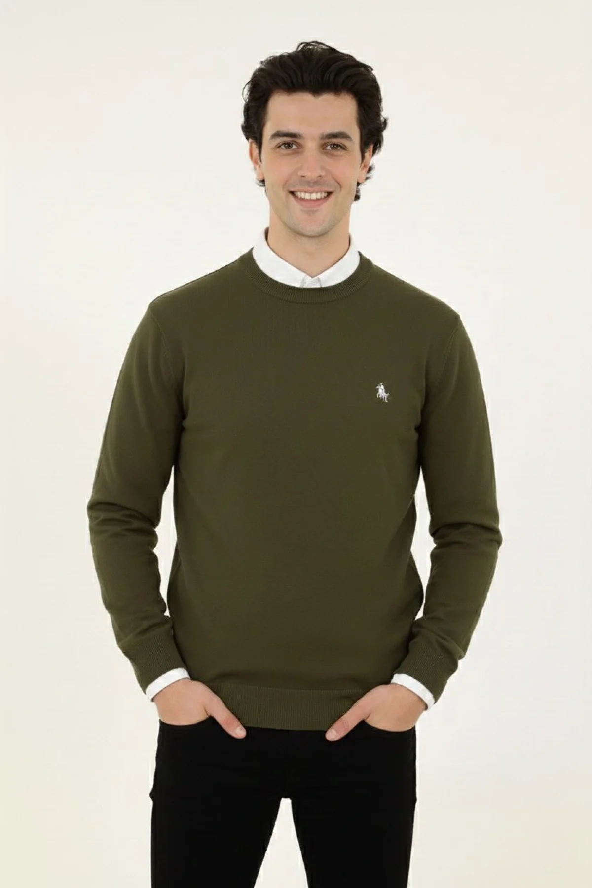 Erkek Bisiklet Yaka Nakış işlemeli Triko Kazak yumuşak dokulu Pamuklu ince Dokuma, uzun kollu Rahat Regular kalıp - Haki