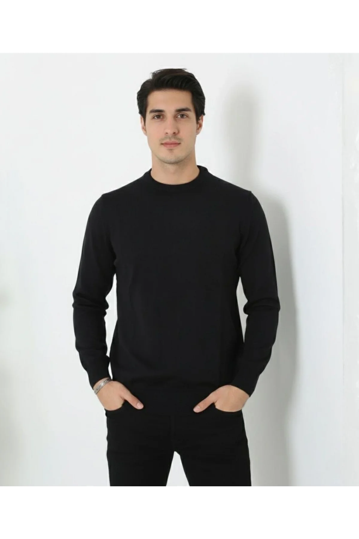 Erkek Bisiklet Yaka Triko Kazak yumuşak dokulu Pamuklu ince Dokuma, uzun kollu Rahat Regular kalıp - Siyah