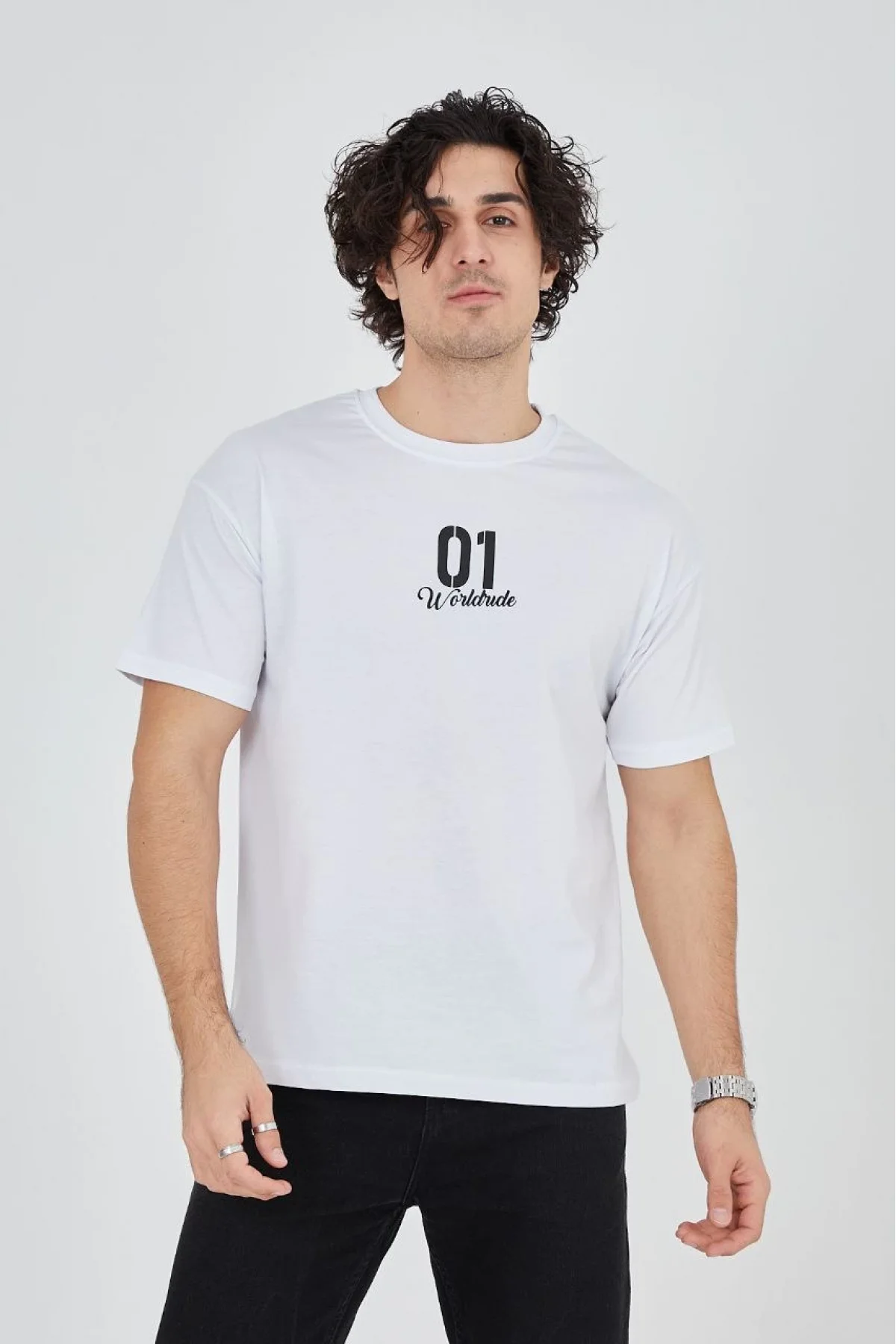 Erkek Baskılı T-Shirt Kısa Kol Bisiklet Yaka Regular Fit Rahat Kalıp Günlük Tişört - Beyaz