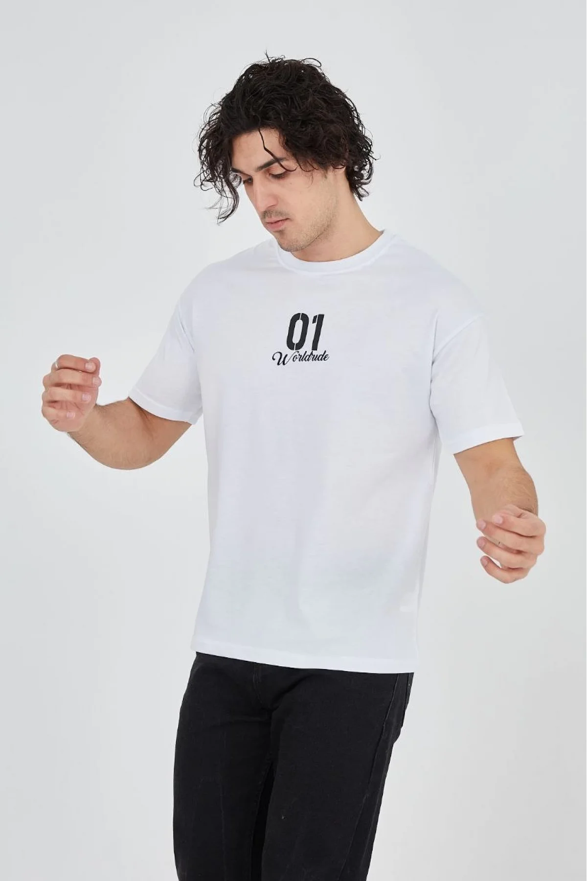 Erkek Baskılı T-Shirt Kısa Kol Bisiklet Yaka Regular Fit Rahat Kalıp Günlük Tişört - Beyaz