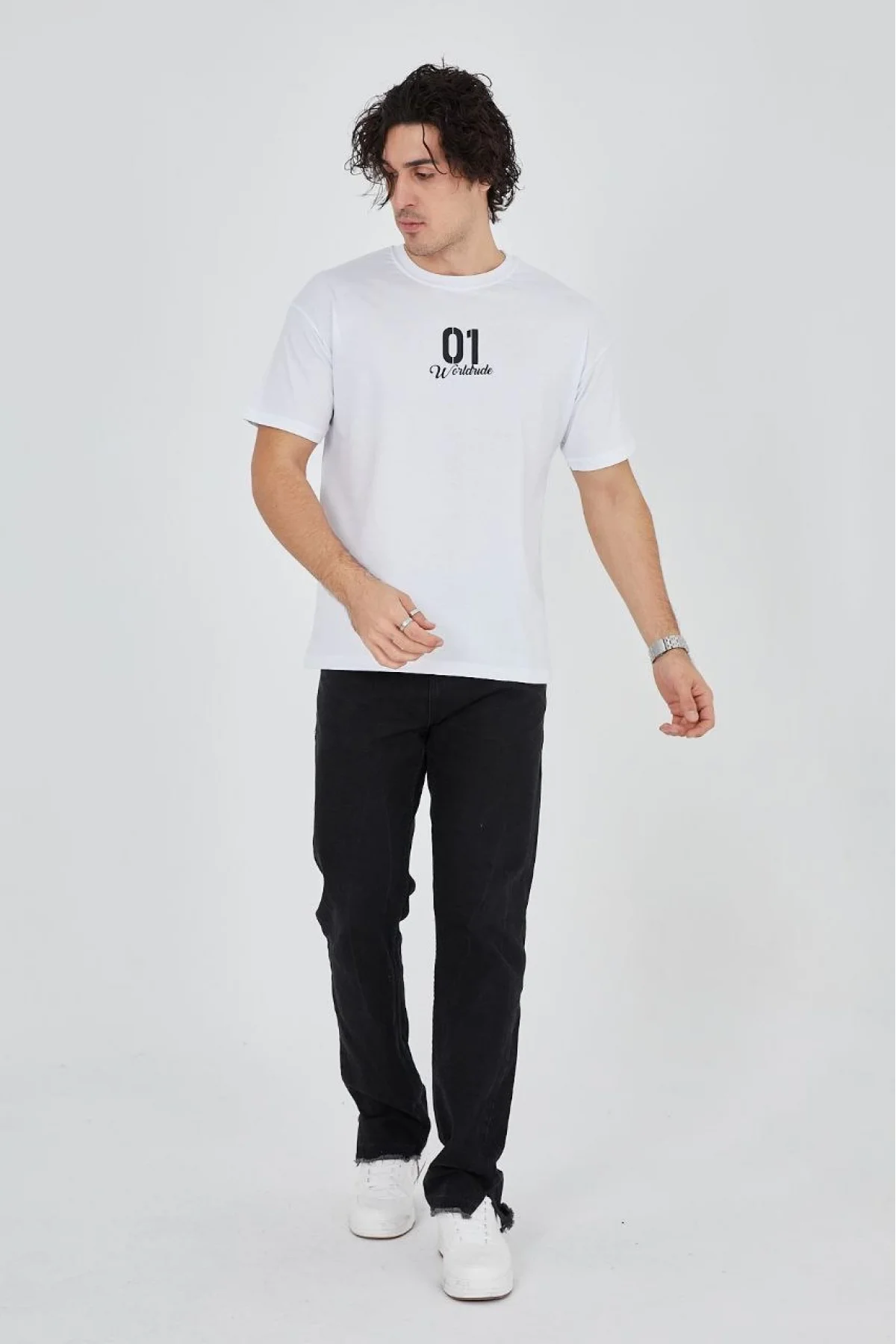 Erkek Baskılı T-Shirt Kısa Kol Bisiklet Yaka Regular Fit Rahat Kalıp Günlük Tişört - Beyaz